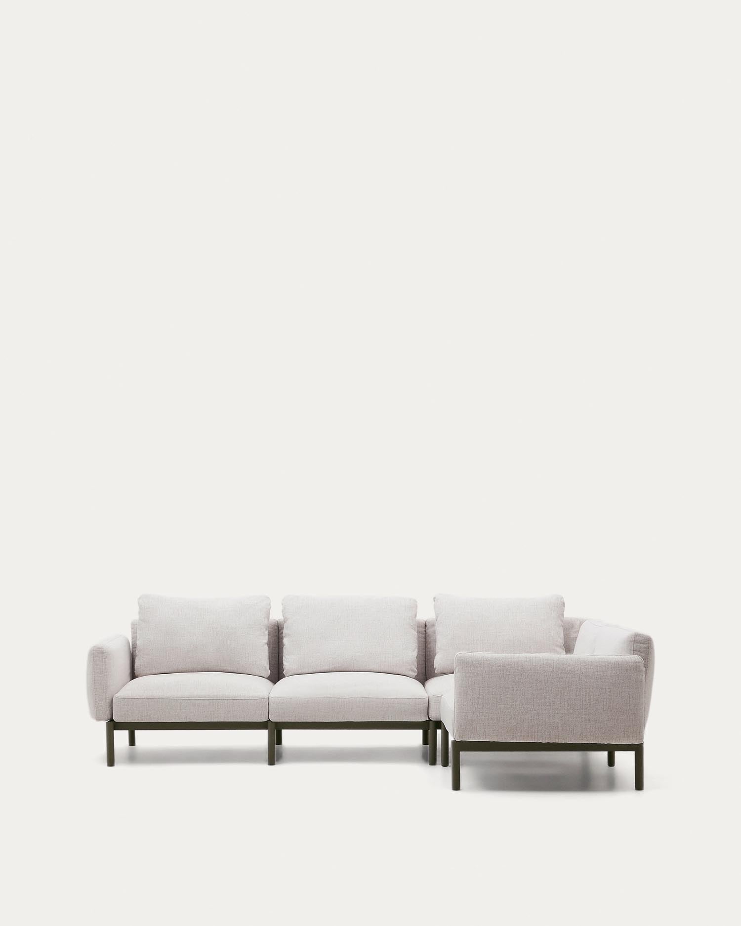 Elegantes Outdoor-Ecksofa mit beiger Polsterung und grünem Aluminiumrahmen, modular und wetterfest, für stilvolle Entspannung.