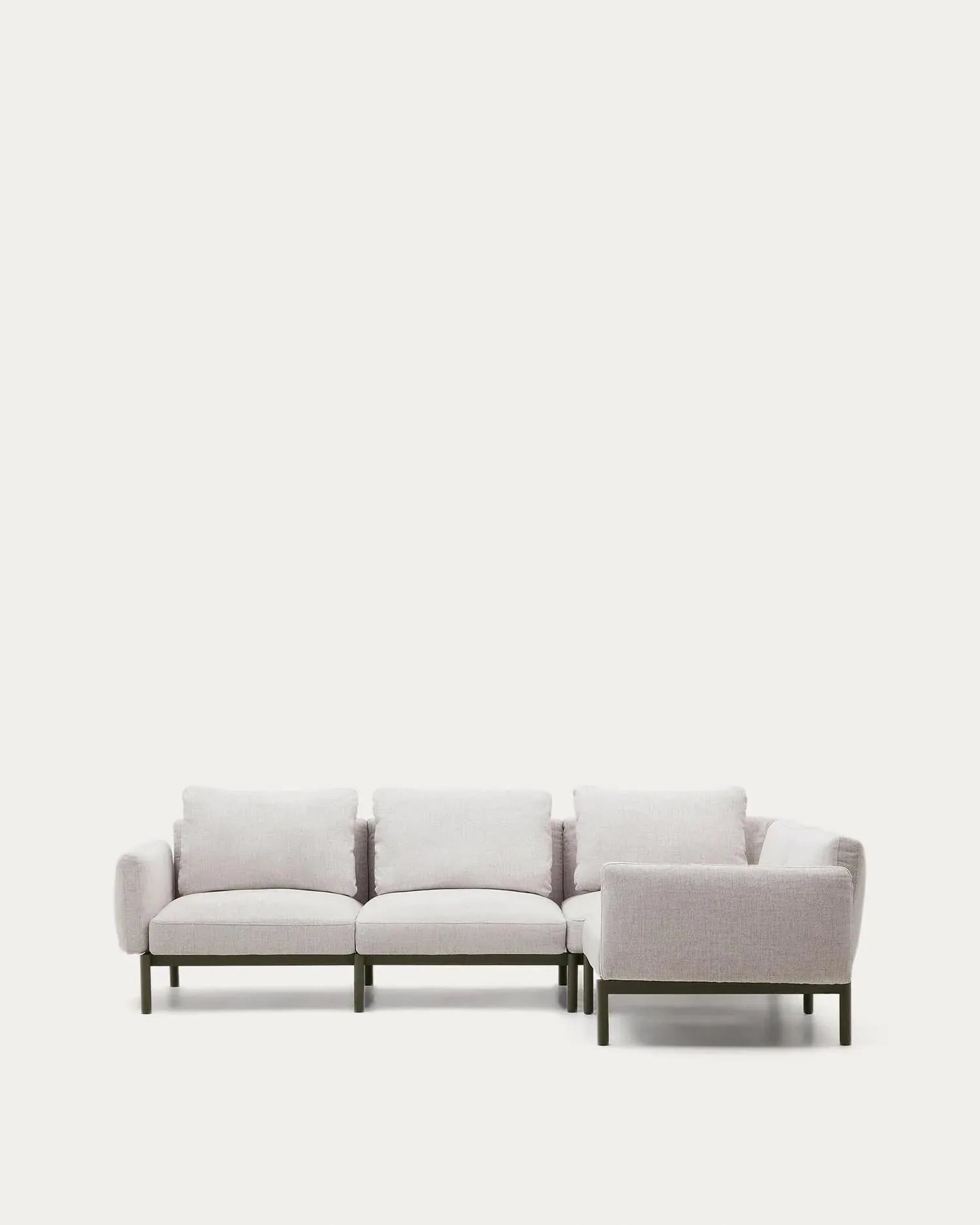 Elegantes modulares Ecksofa für 5 Personen mit beigen Polstern und grünem Aluminium, ideal für stilvolle Outdoor-Bereiche.