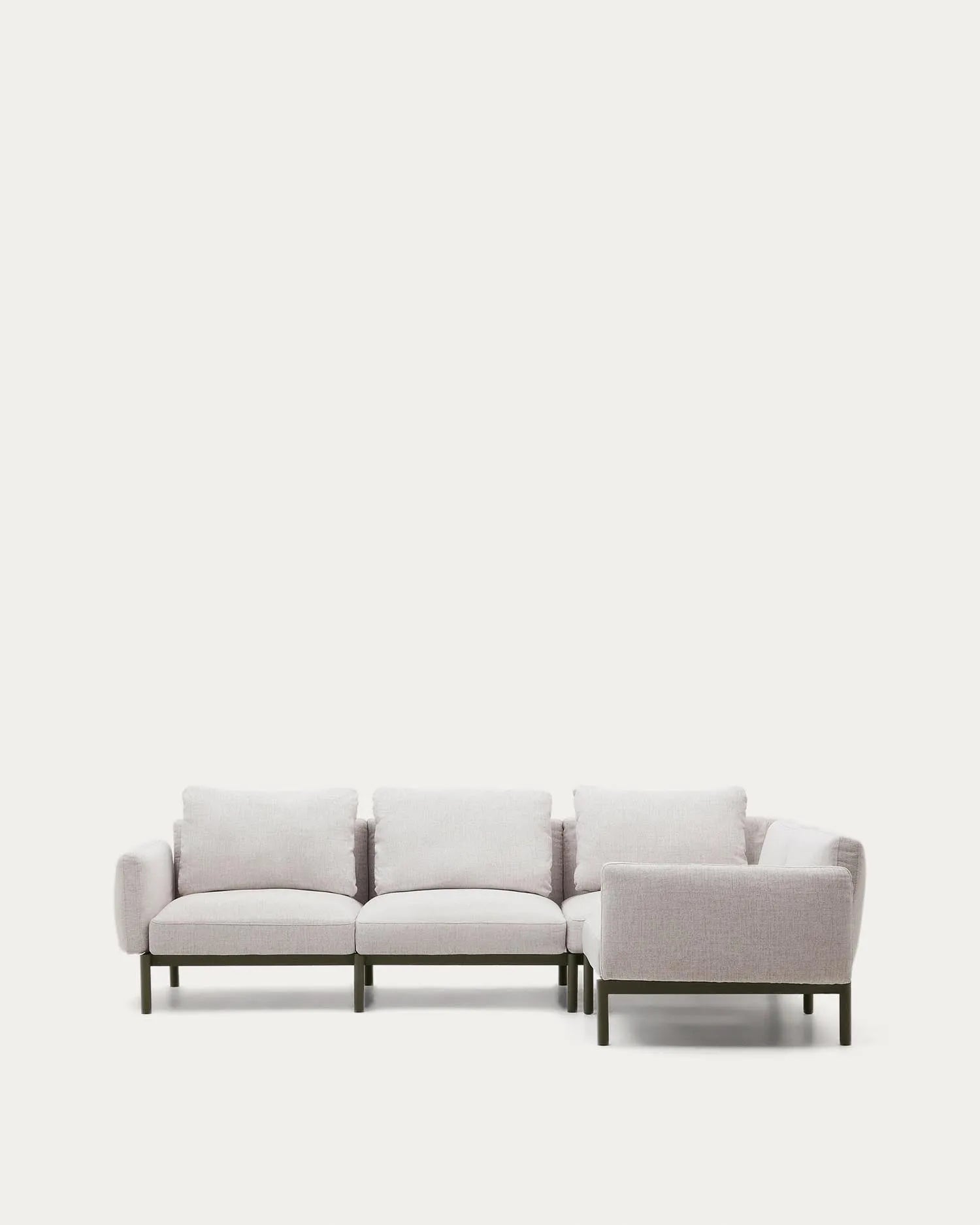 Modulares 5-Sitzer-Ecksofa mit beigen Polstern und grünem Aluminiumrahmen, perfekt für komfortable und moderne Outdoor-Bereiche.