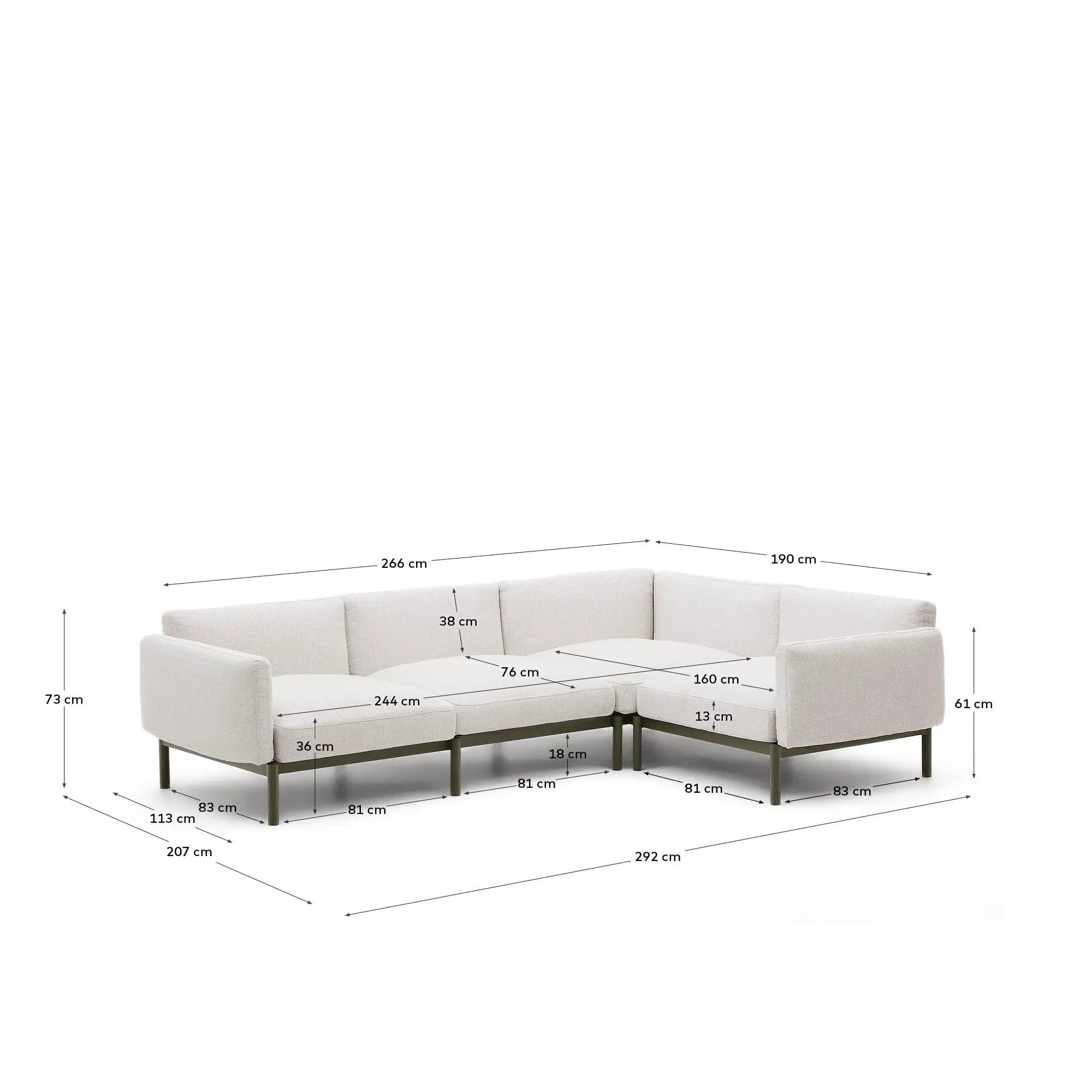 Elegantes modulares Ecksofa für 5 Personen, beige Polster, grünes Aluminium, ideal für stilvolle Outdoor-Bereiche.
