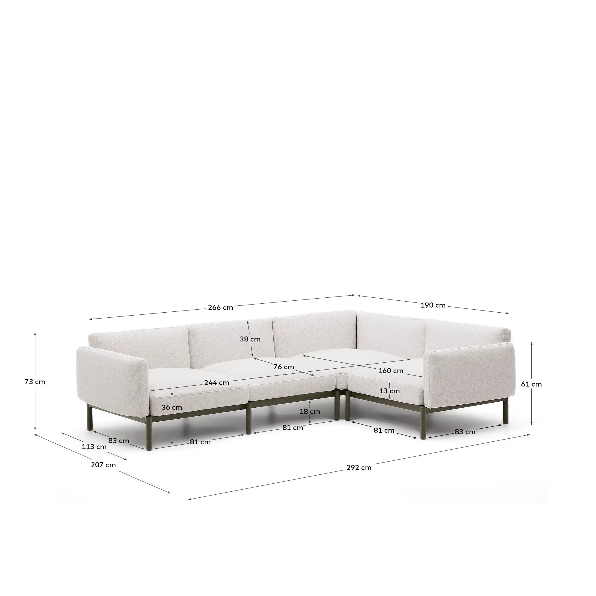 Elegantes Outdoor-Ecksofa mit beiger Polsterung und grünem Aluminiumrahmen, modular und wetterfest, für stilvolle Entspannung.