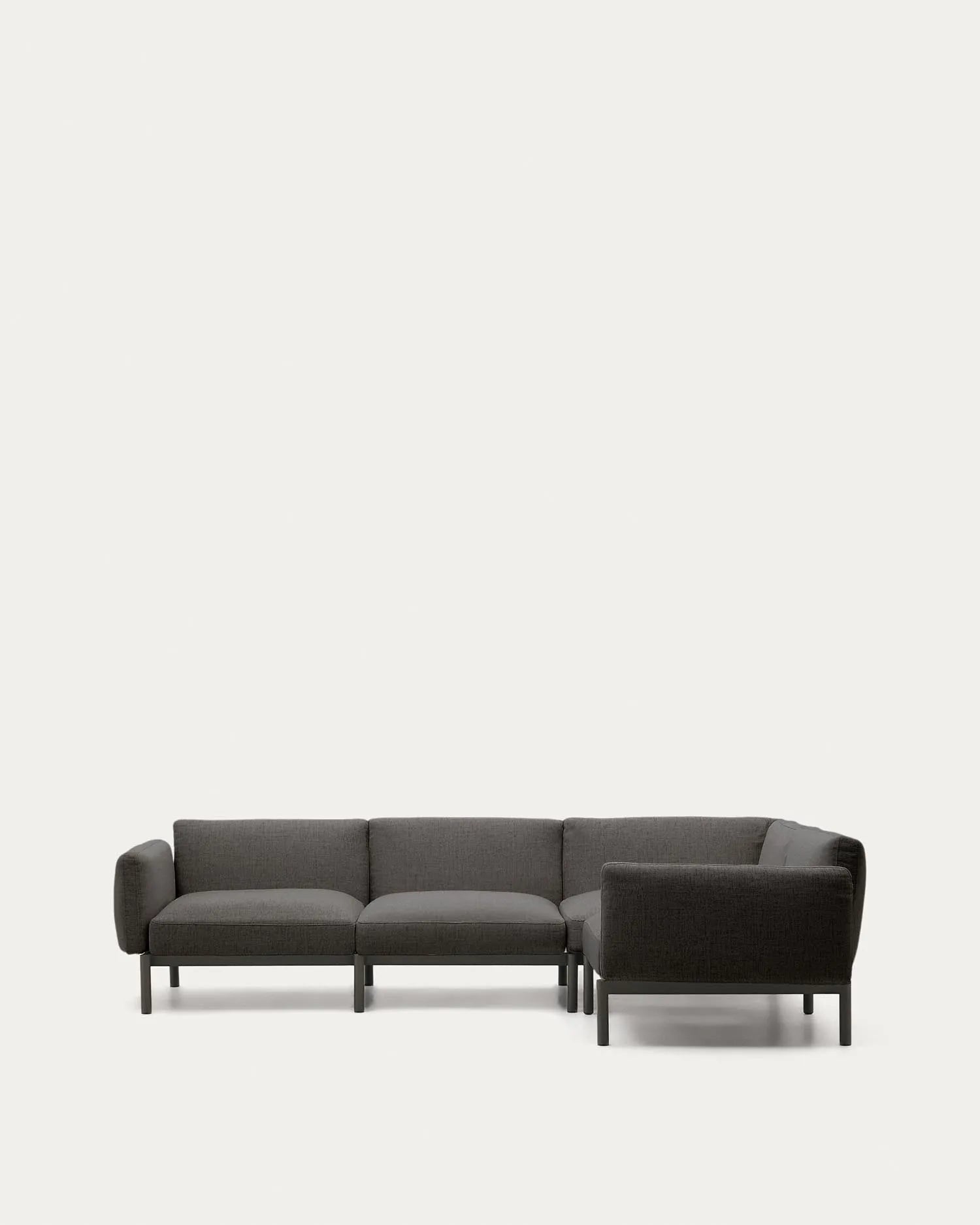Elegantes 5-Sitzer-Ecksofa für draußen, graue Polster, robuster Aluminiumrahmen, modular, Maße 276x191,5 cm, wetterfest.