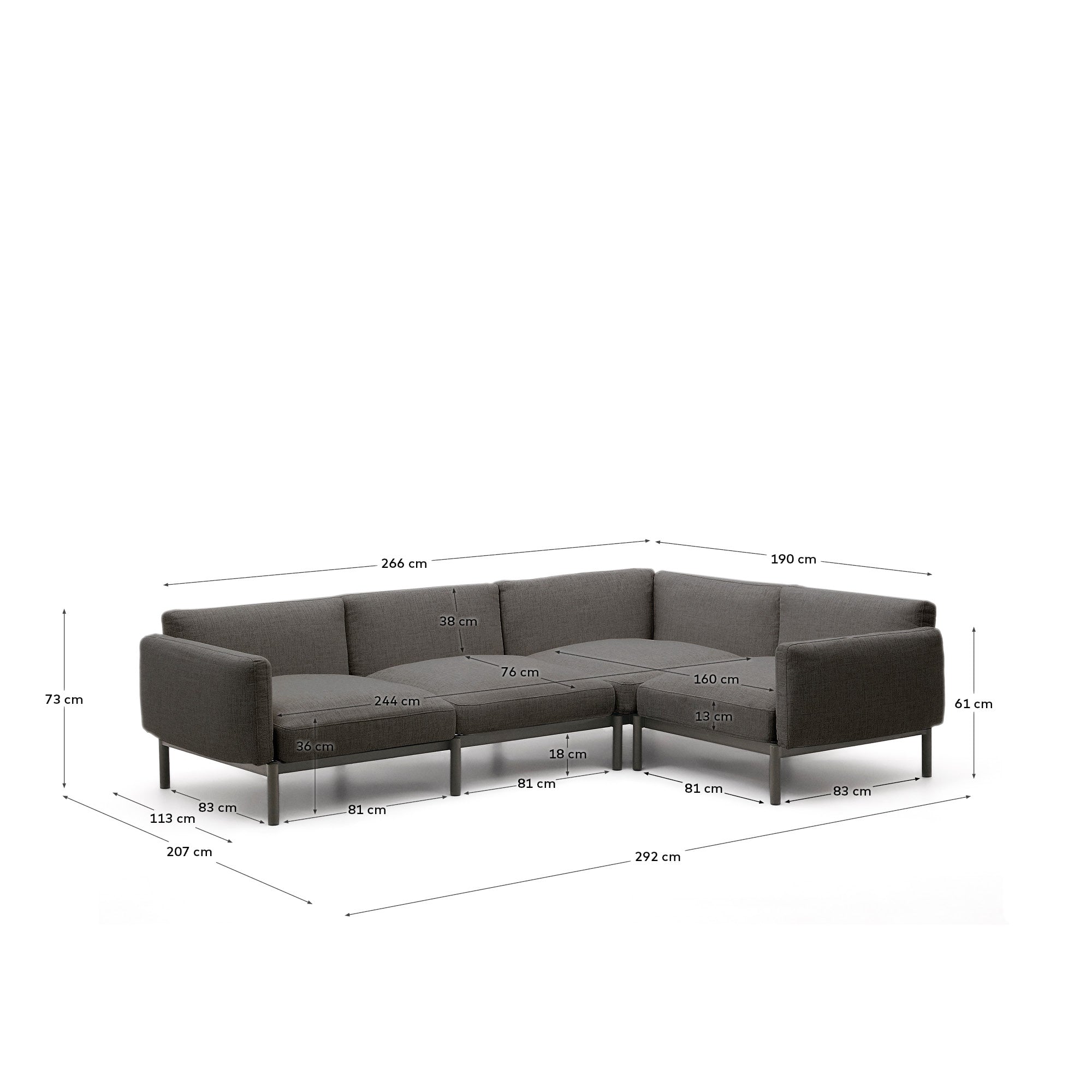 Modulares Outdoor-Ecksofa für 5 Personen, graue Polster, Aluminiumrahmen, Maße 276x191,5 cm, stilvoll und vielseitig.