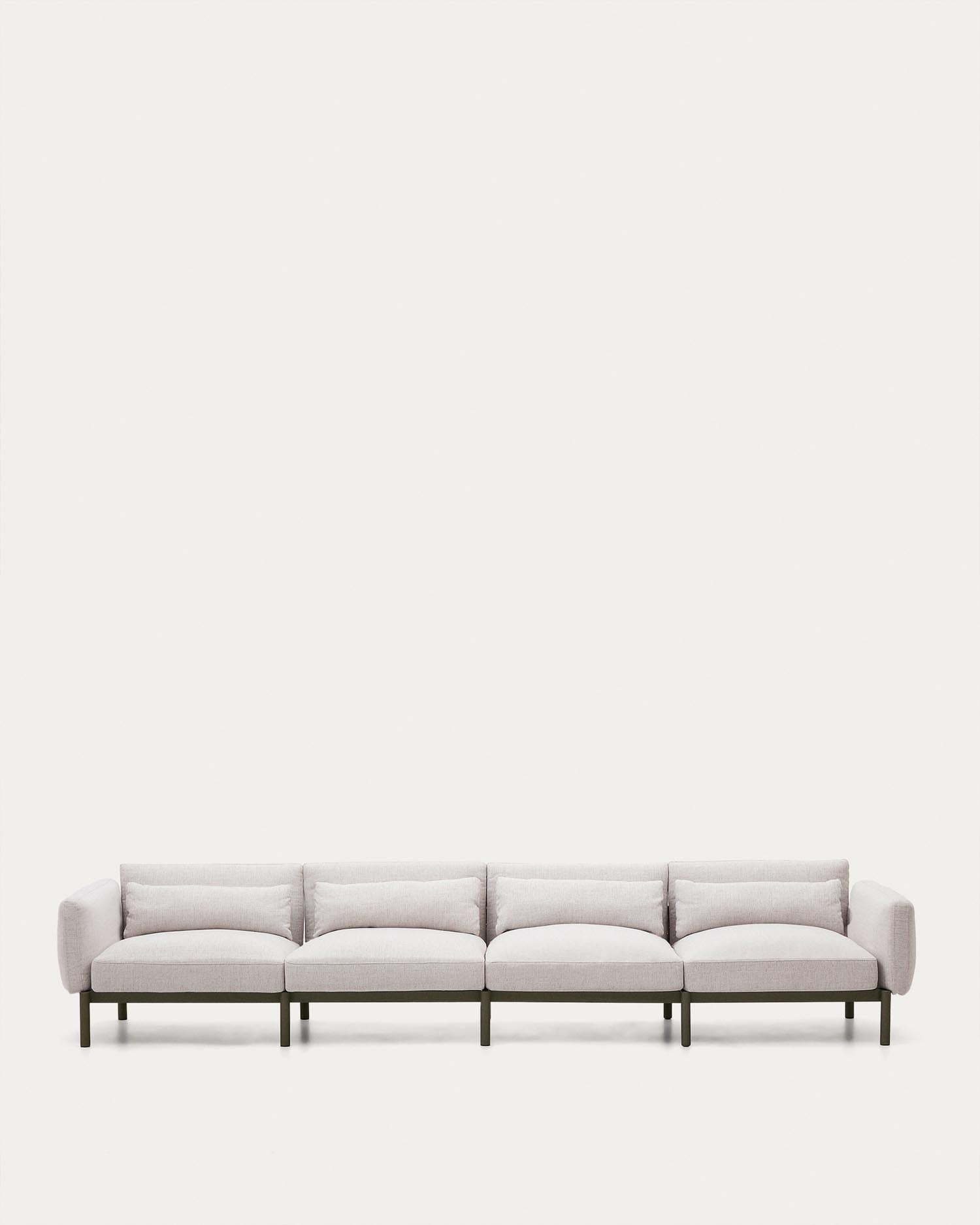 Das modulare 4-Sitzer-Sofa Sorells aus grünem Aluminium bietet stilvollen Komfort für den Außenbereich, langlebig und wetterbeständig.