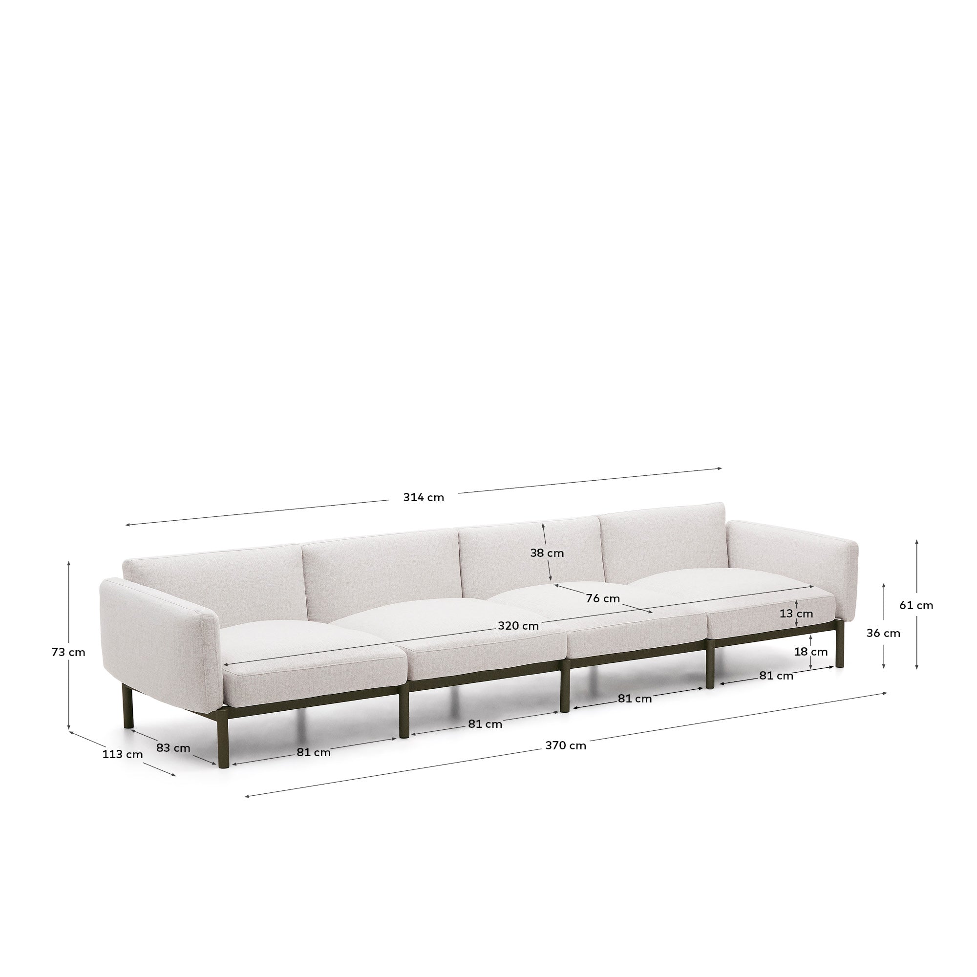 Das modulare 4-Sitzer-Sofa Sorells von Kave Home in grünem Aluminium vereint Stil und Funktionalität für Ihren Außenbereich.