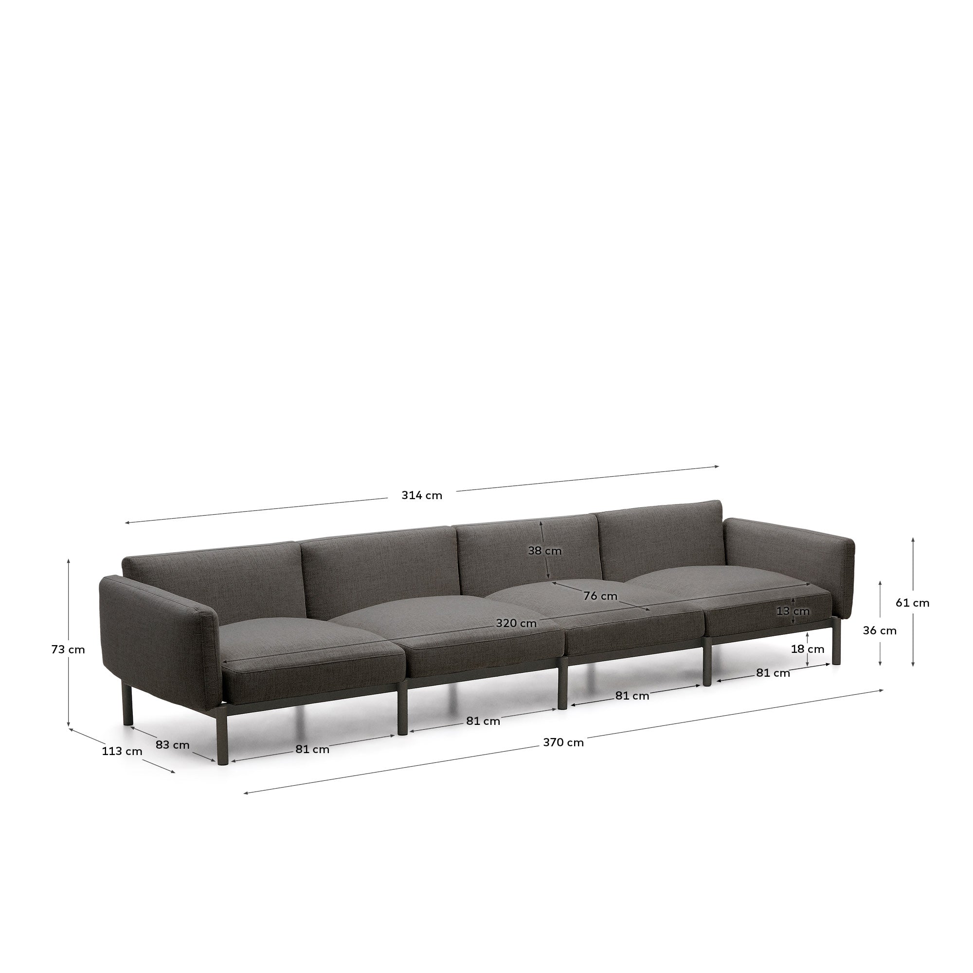 Elegantes, modulares 4-Sitzer-Sofa aus grauem Aluminium, ideal für flexible, stilvolle Außenbereiche.