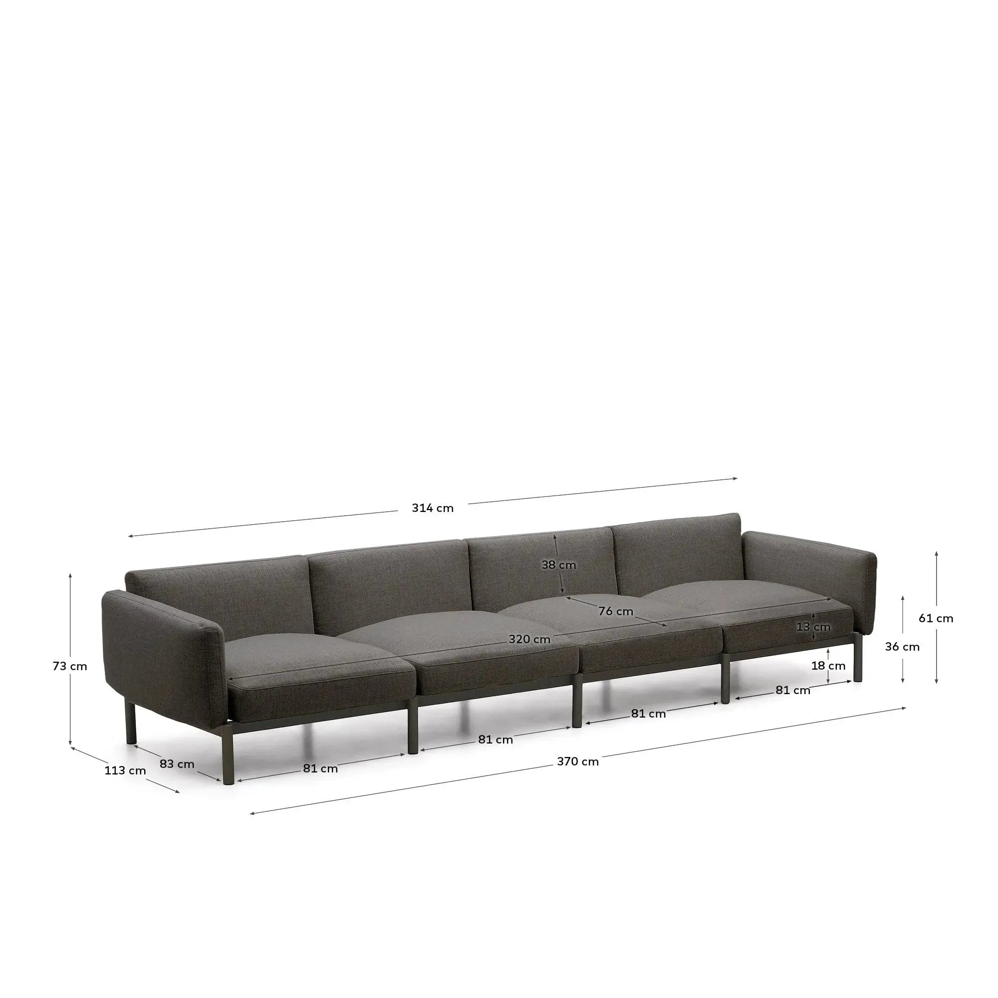 Modulares 4-Sitzer-Sofa Sorells aus grauem Aluminium, wetterfest und stilvoll, ideal für moderne Außenbereiche.