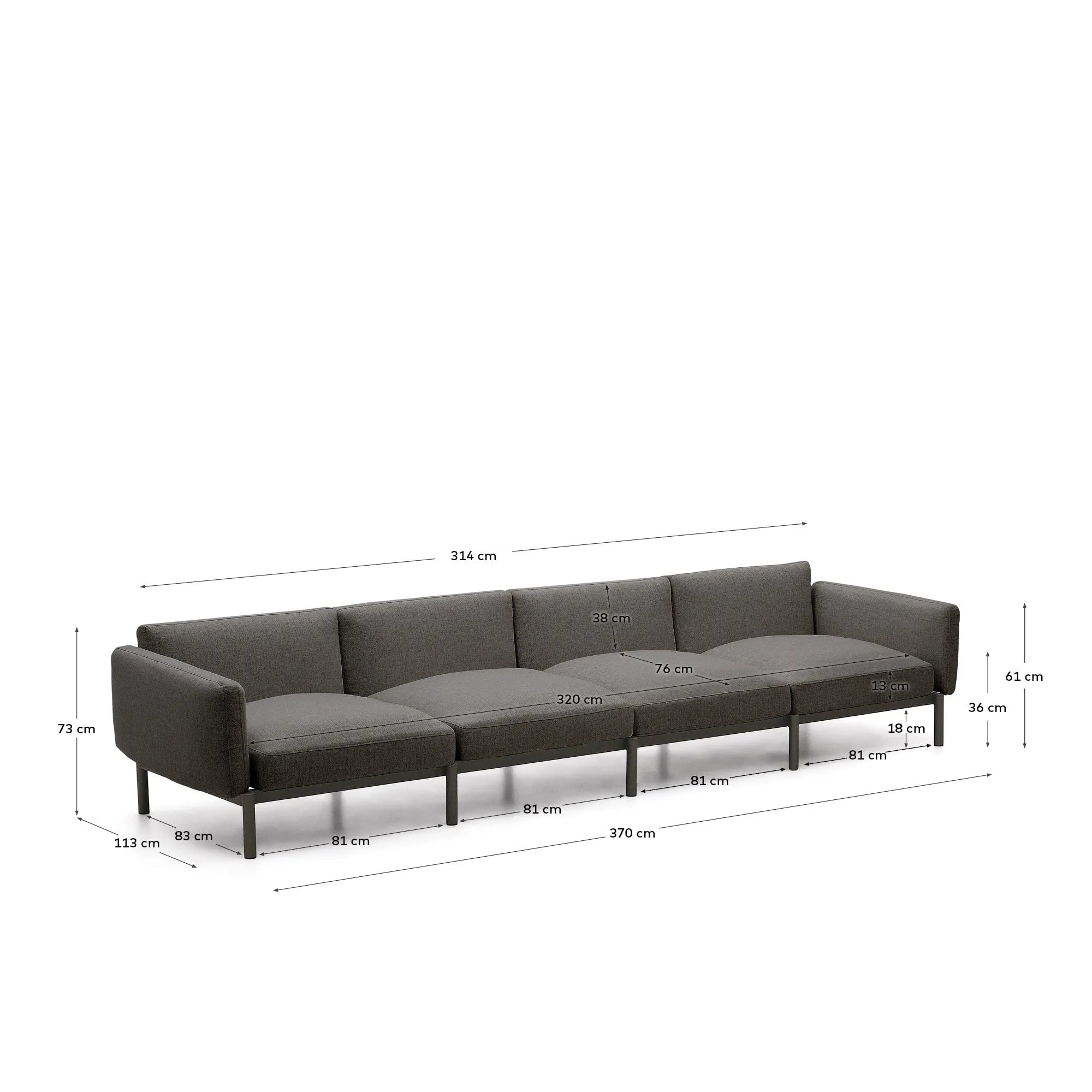 Modulares 4-Sitzer-Sofa Sorells aus Aluminium in Grau, ideal für den Außenbereich, stilvoll und wetterbeständig.