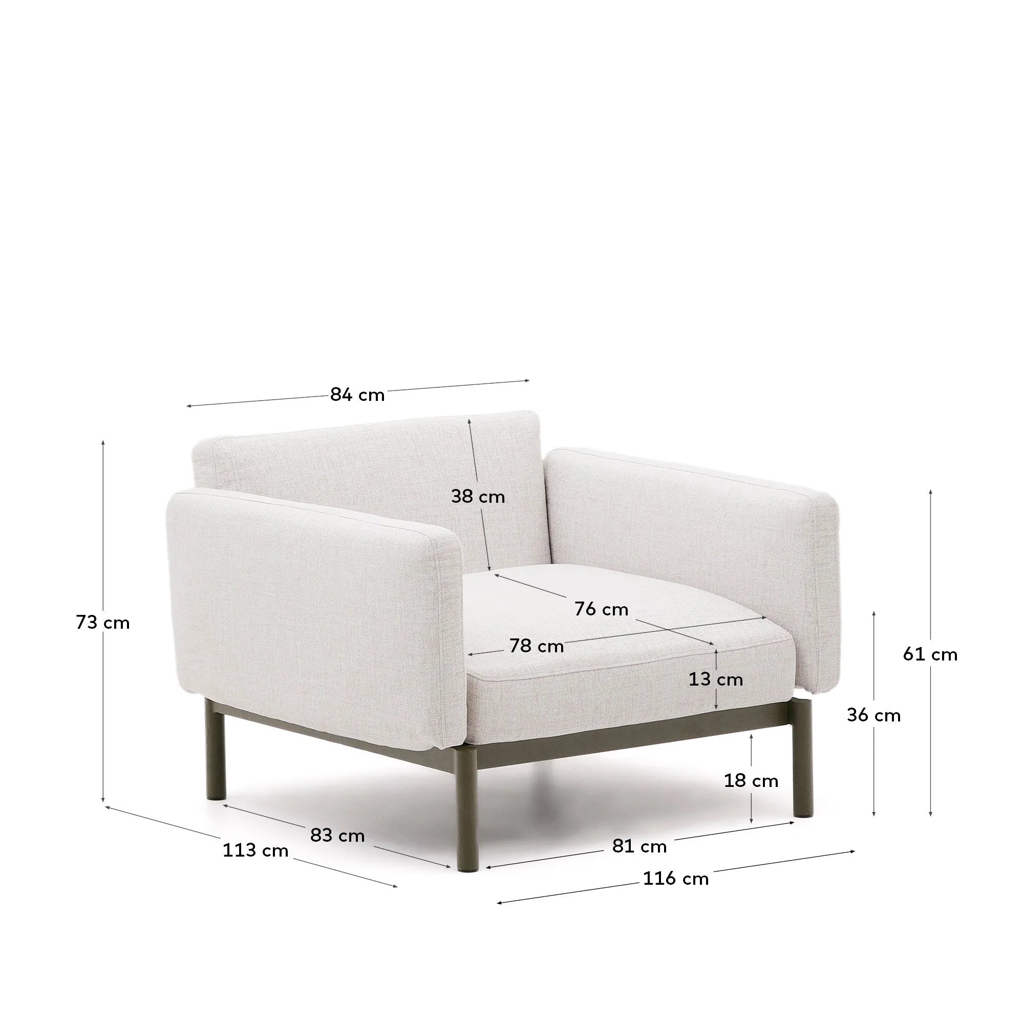 Moderner grüner Outdoor-Sessel Sorells von Kave Home, aus Aluminium, ideal für flexible Gartenmöbel-Kombinationen.