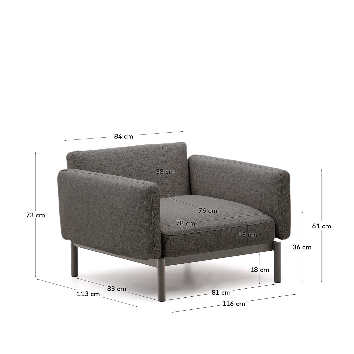 Eleganter, modularer Outdoor-Sessel aus grauem Aluminium, wetterfest und flexibel kombinierbar für stilvolle Entspannung im Freien.