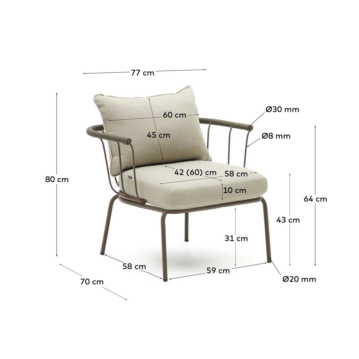 Salguer Sessel von Kave Home: Moderner Outdoor-Sessel aus grünem Seil und robustem braunem Stahl für stilvolle Entspannung im Freien.