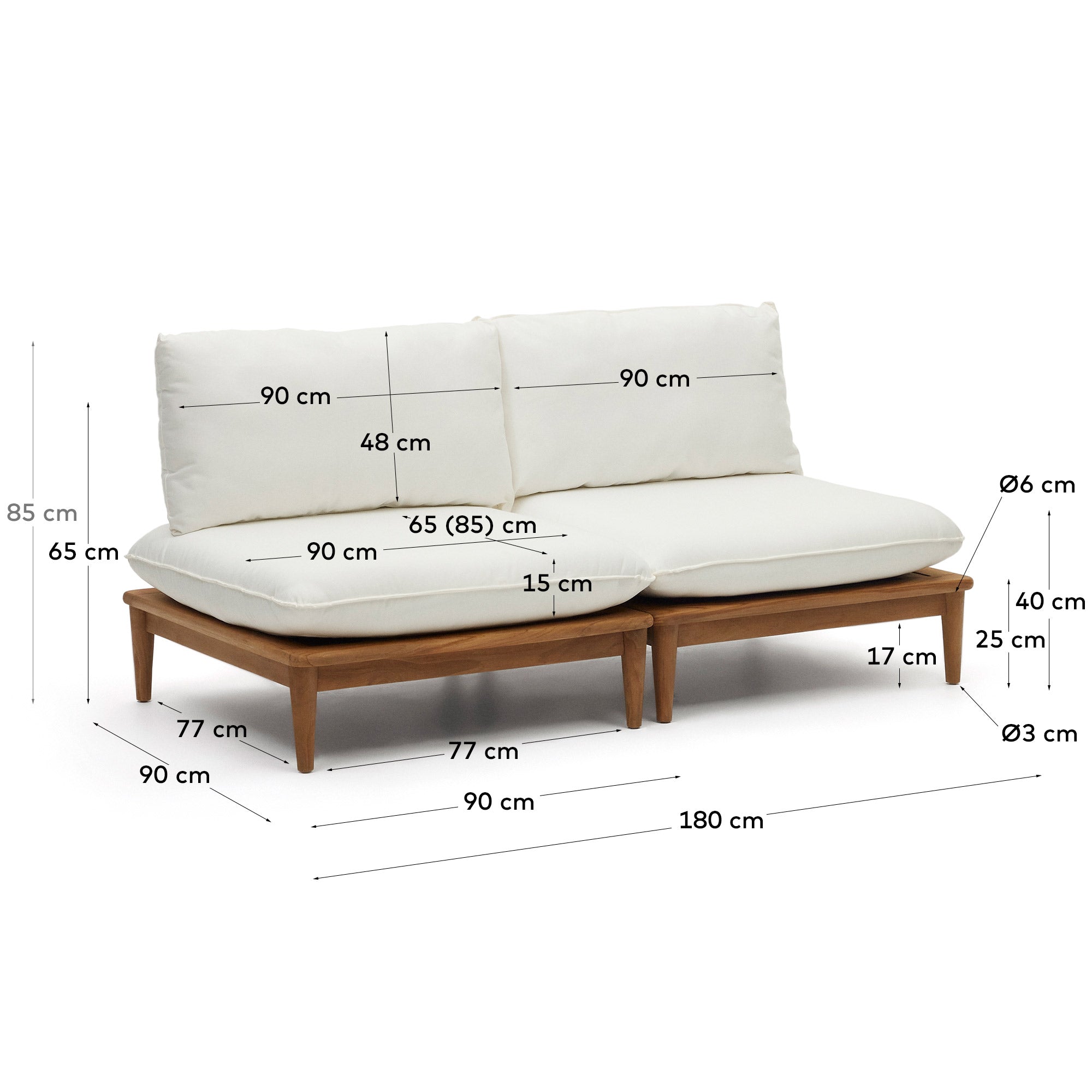 Elegantes Teakholz-Set: 2 modulare Sessel, wetterfest, flexibel kombinierbar, mit komfortablen, pflegeleichten Kissen.