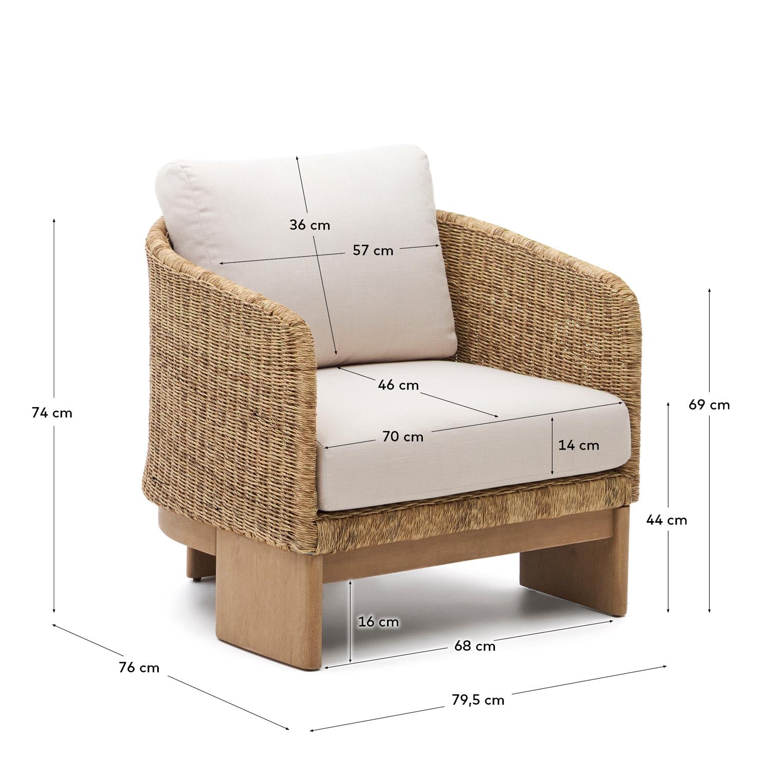 Xoriguer Sessel aus synthetischem Rattan und massivem Eukalyptusholz FSC 100% in Natur, Beige präsentiert im Onlineshop von KAQTU Design AG. Outdoor-Sessel mit Armlehnen ist von Kave Home