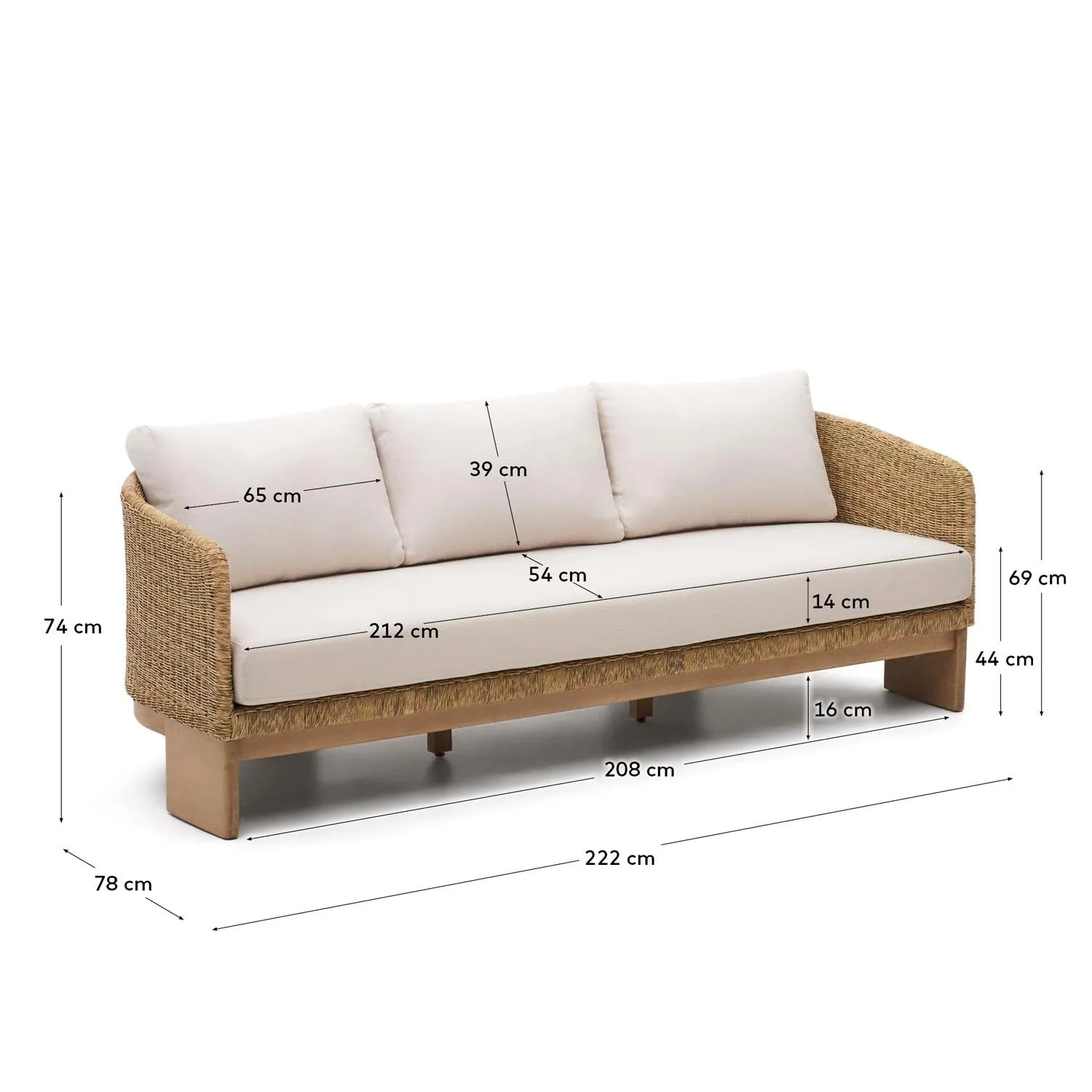Elegantes 3-Sitzer-Sofa aus synthetischem Rattan und FSC-zertifiziertem Eukalyptusholz, ideal für stilvolle Entspannung im Freien.
