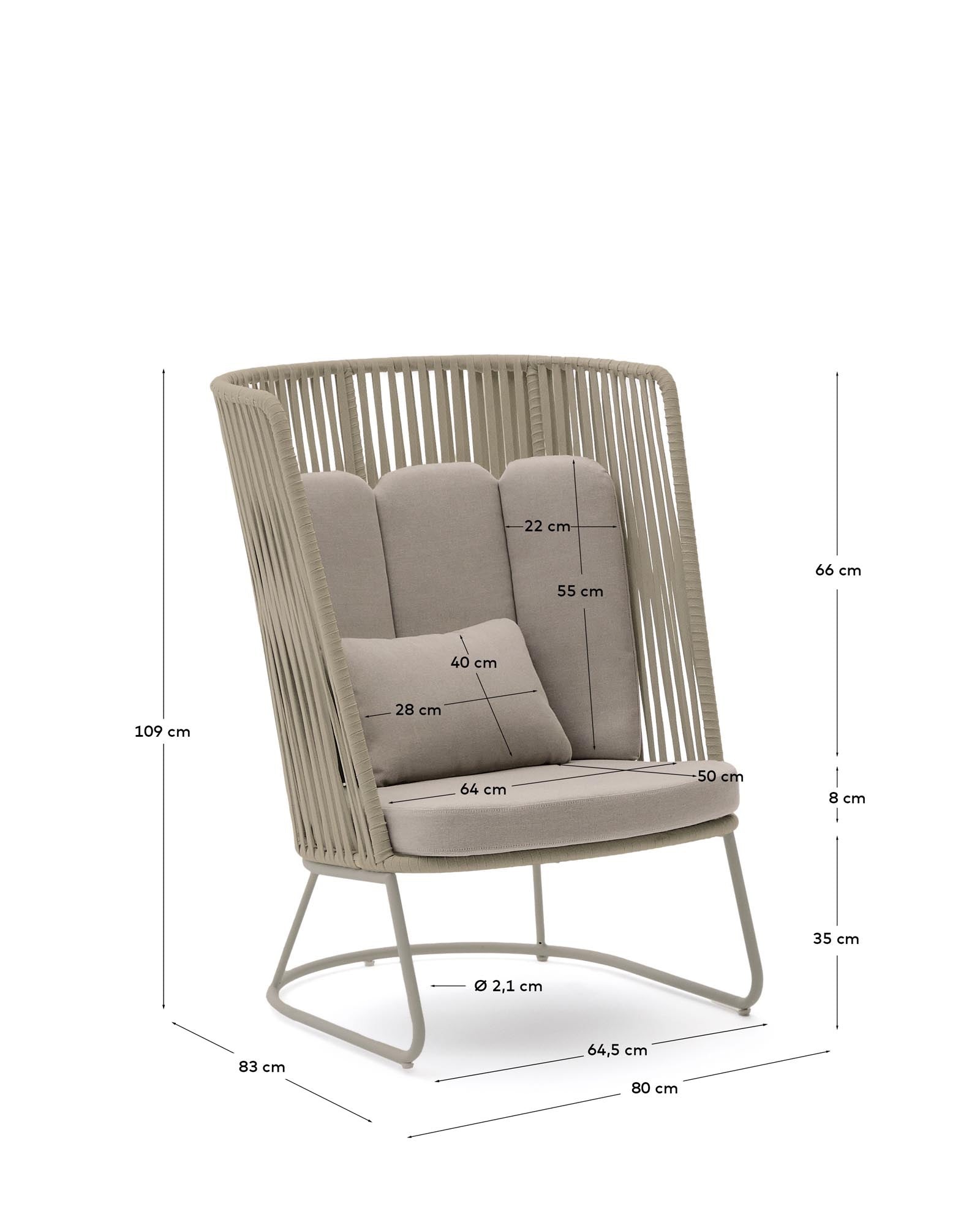 Eleganter Outdoor-Sessel Saconca mit hoher Rückenlehne, gefertigt aus robustem Seil und beige lackiertem Stahl, ideal für entspannte Stunden im Freien.