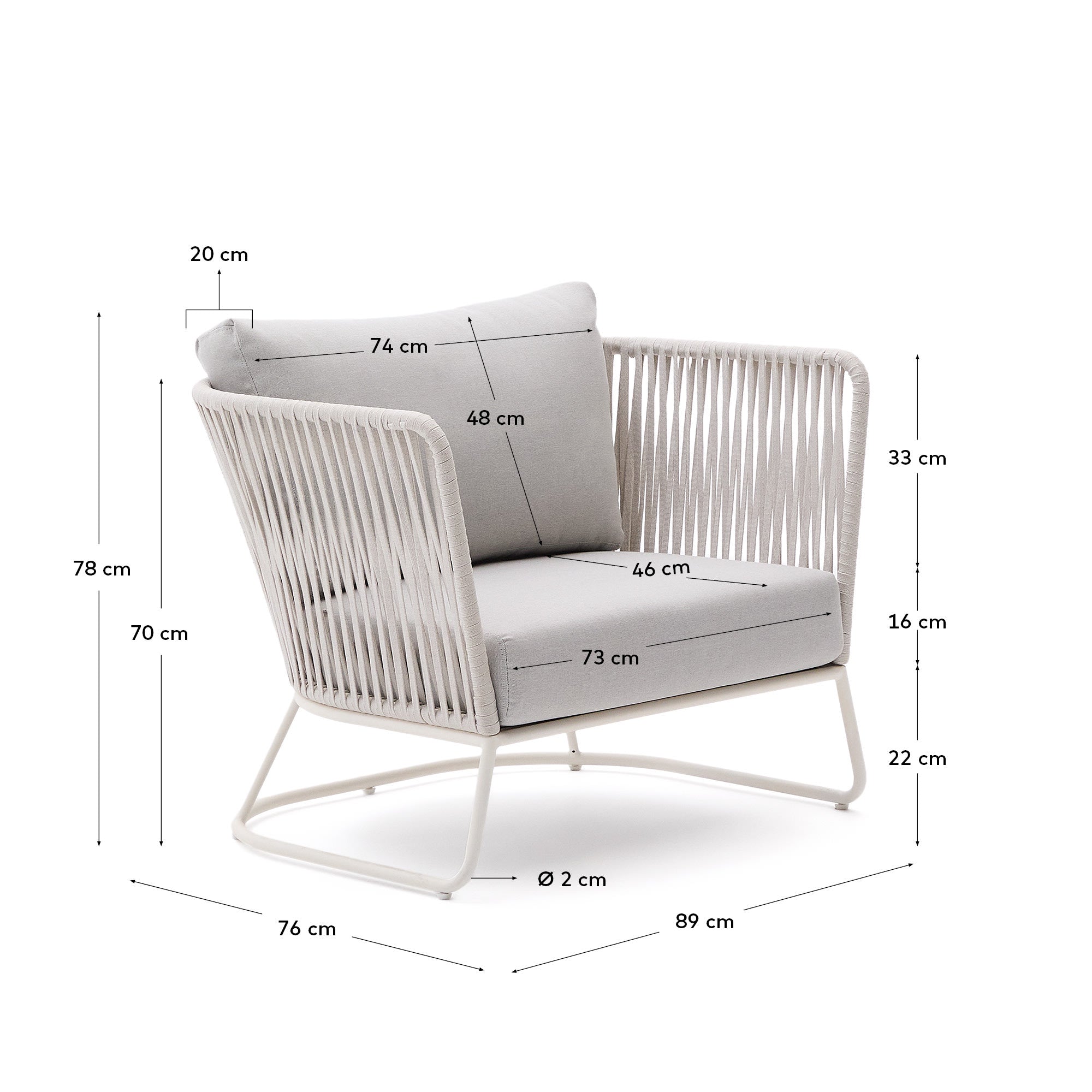 Eleganter Outdoor-Sessel aus verzinktem Stahl und Seil, perfekt für Garten oder Terrasse. Wetterfest und modern im Design.