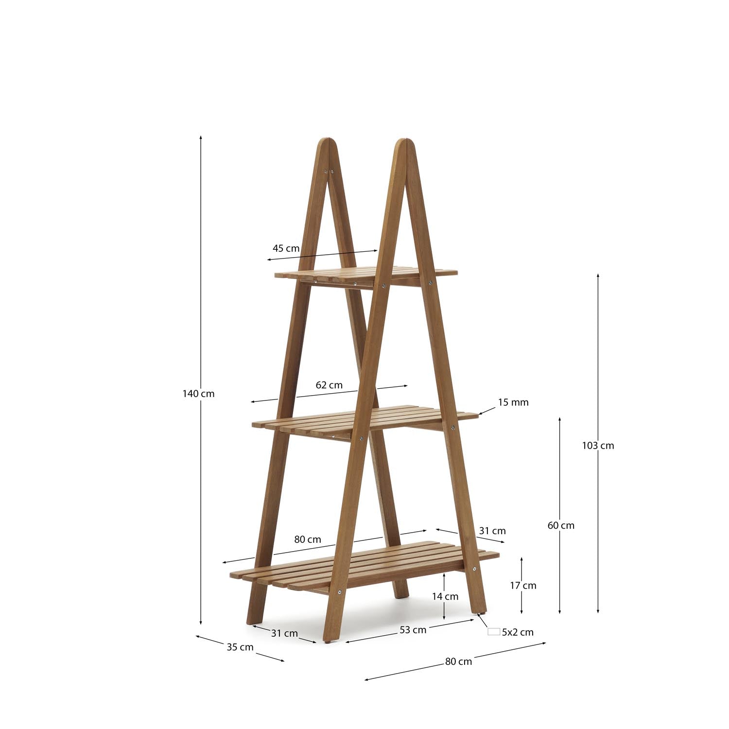 Elegantes Outdoor-Regal aus FSC-zertifiziertem Akazienholz, 80x140 cm, für stilvolle und nachhaltige Gartengestaltung.