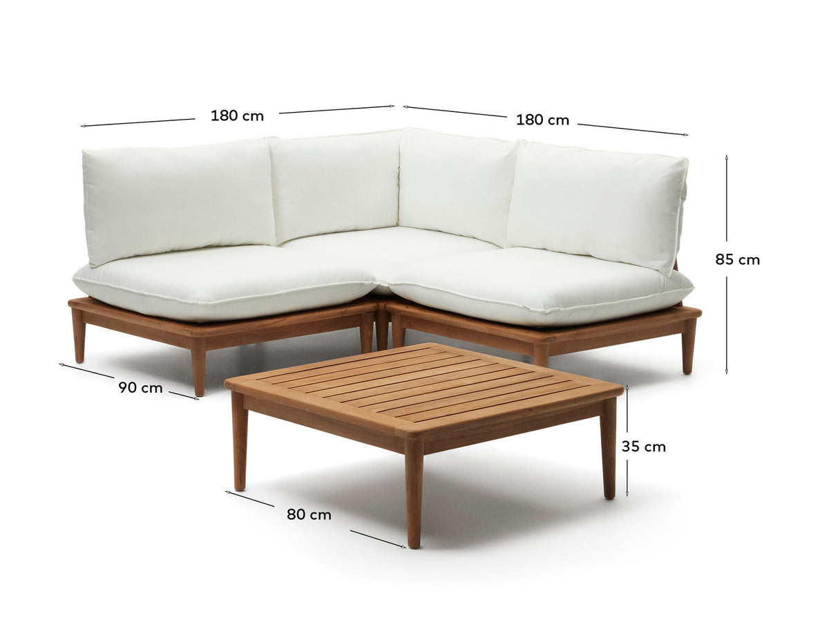 Portitxol modulares Set Ecksessel, 2 Sessel und Couchtisch aus massivem Teakholz in Weiss, Braun präsentiert im Onlineshop von KAQTU Design AG. Loungeset ist von Kave Home
