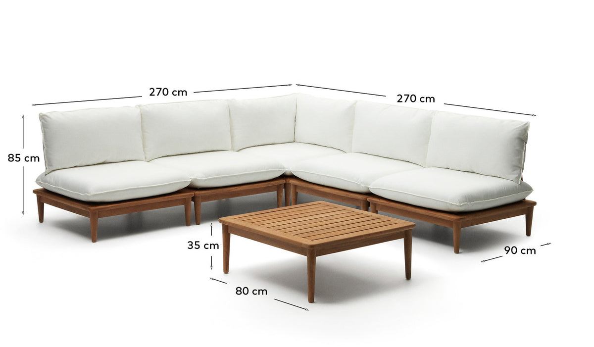 Portitxol modulares Set Ecksessel, 4 Sessel und Couchtisch aus massivem Teakholz in Weiss, Braun präsentiert im Onlineshop von KAQTU Design AG. Loungeset ist von Kave Home
