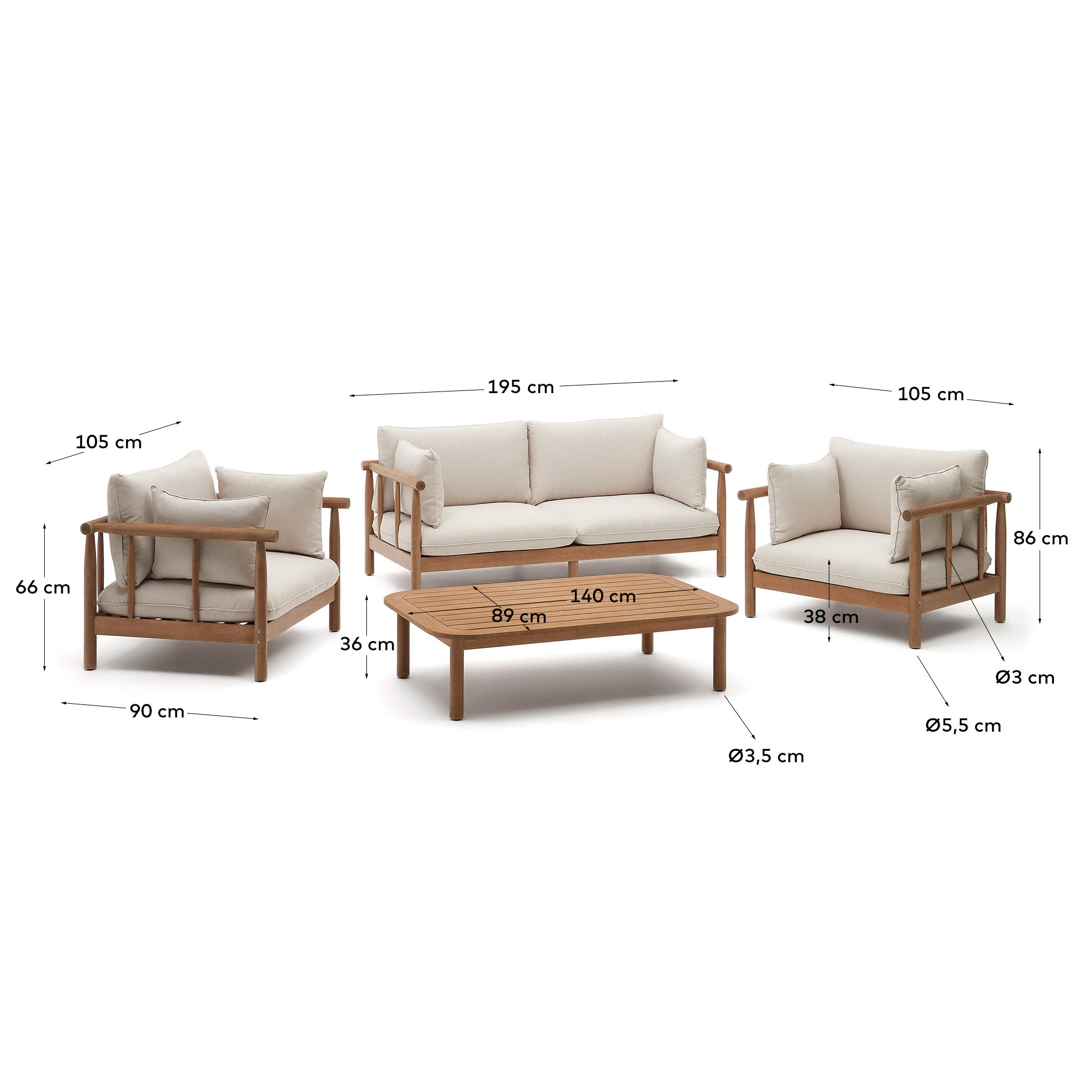 Elegantes Set aus FSC-zertifiziertem Eukalyptusholz: 2 Sessel, 2-Sitzer-Sofa und Couchtisch, perfekt für stilvolle Innenräume.