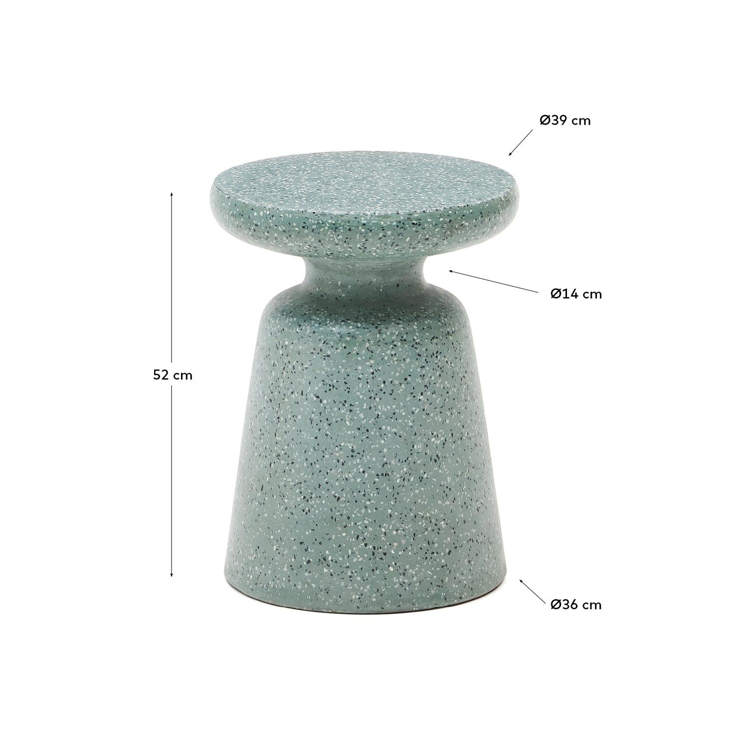 Stilvoller Beistelltisch aus grünem Terrazzo, Ø 39 cm, ideal für Terrasse und Balkon. Pflegeleicht und wetterfest für jeden Außenbereich.