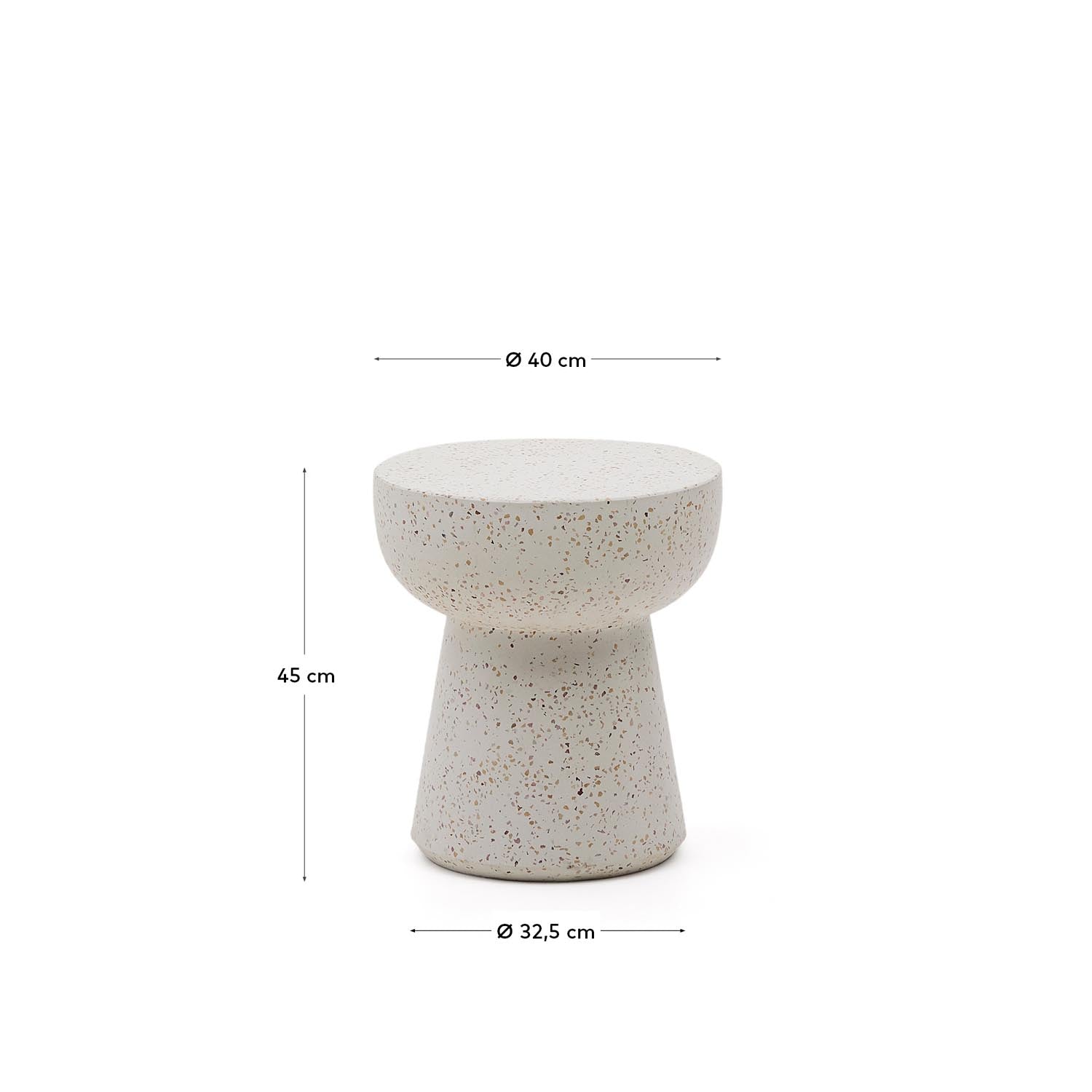 Entdecke den eleganten Pada Beistelltisch aus weissem Terrazzo mit einem Durchmesser von 40 cm. Ideal für drinnen und draussen, wetterfest und langlebig.