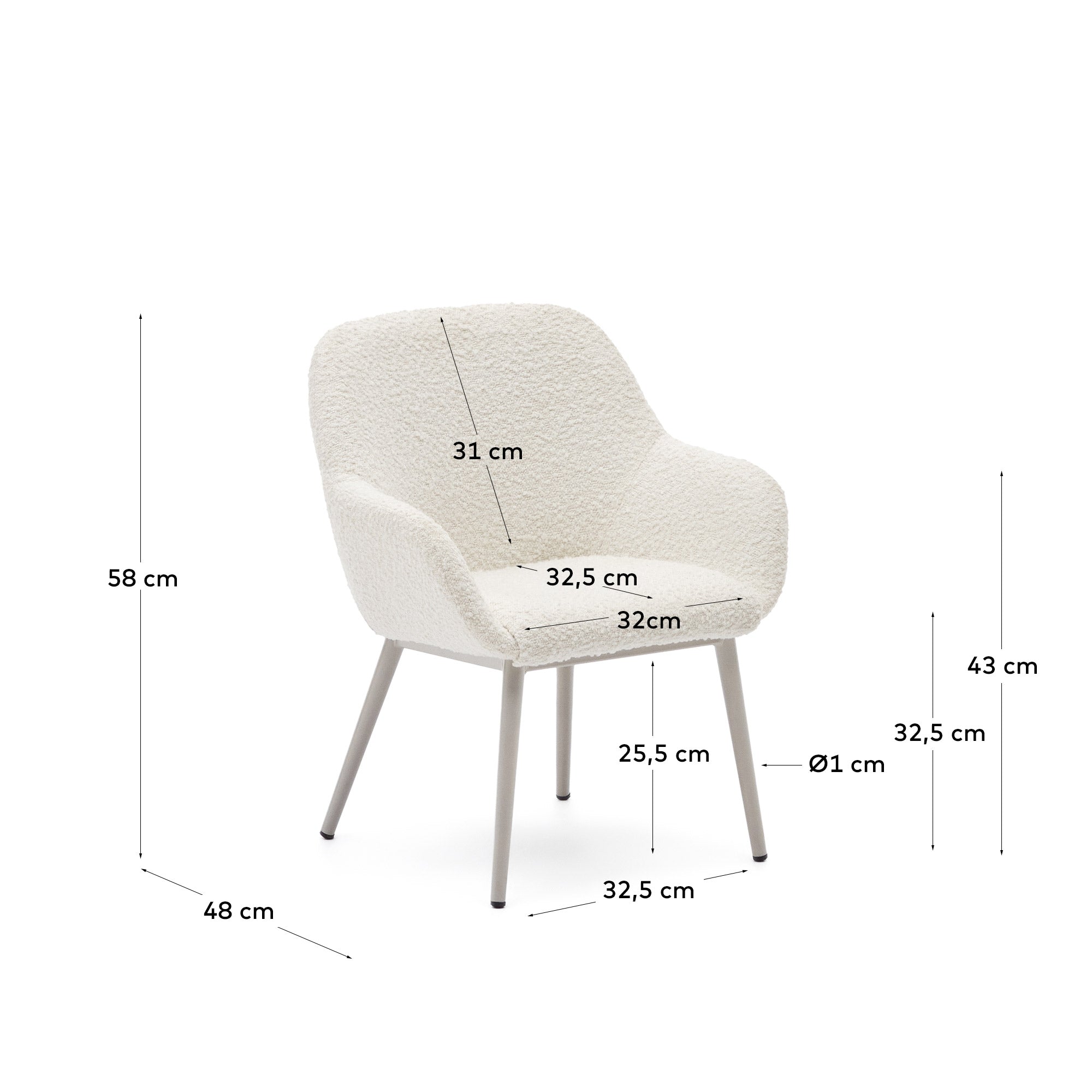 Eleganter Kinderstuhl Konna mit weichem Bouclé in Weiß und robusten Stahlbeinen in Beige, perfekt für moderne Kinderzimmer.