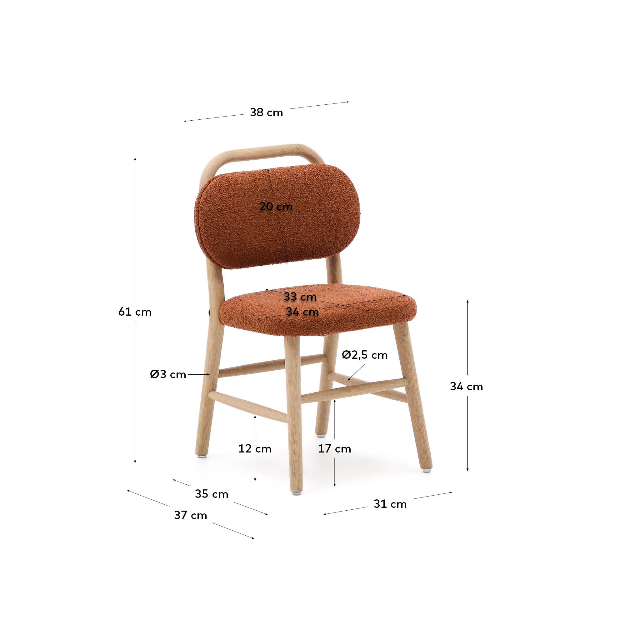 Kinderstuhl Helda: Terrakotta Bouclé, FSC-zertifiziertes Eichenholz, stilvoll, nachhaltig und perfekt für das moderne Kinderzimmer.