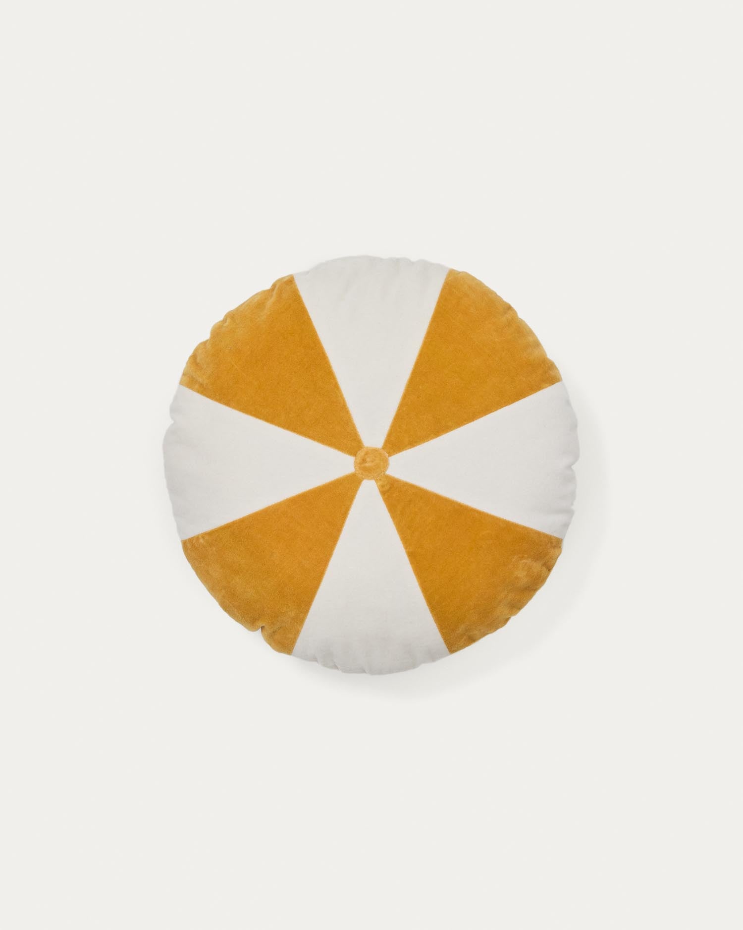 Rundes Kissen Odet von Kave Home: Eleganz in Weiss und Senf, 100% Baumwolle, Ø 45 cm. Stilvoll, komfortabel, pflegeleicht.