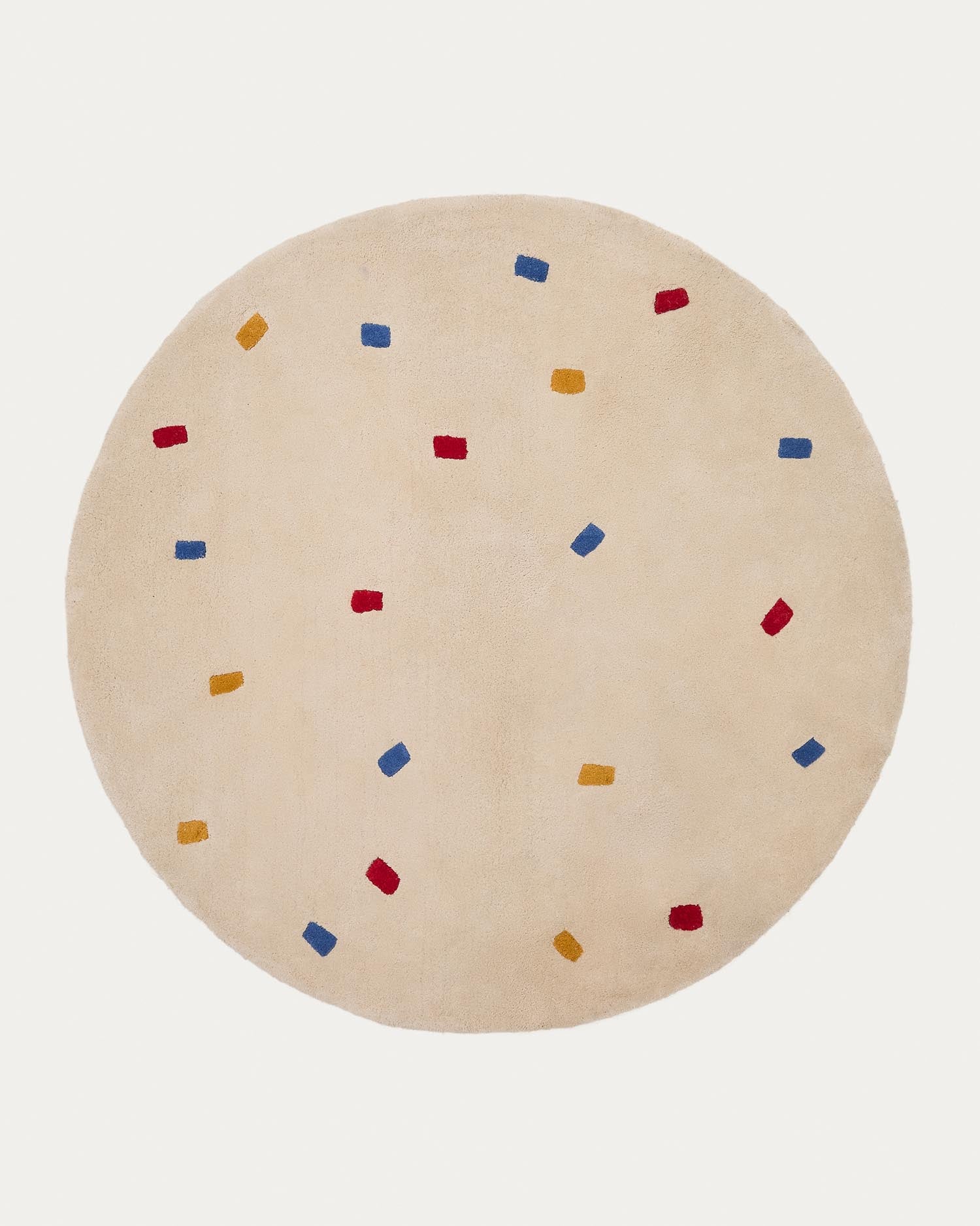 Teppich Luli: 100% Baumwolle, Ø 120 cm, weiss mit bunten Punkten. Weich, langlebig, pflegeleicht – ideal fürs Kinderzimmer.