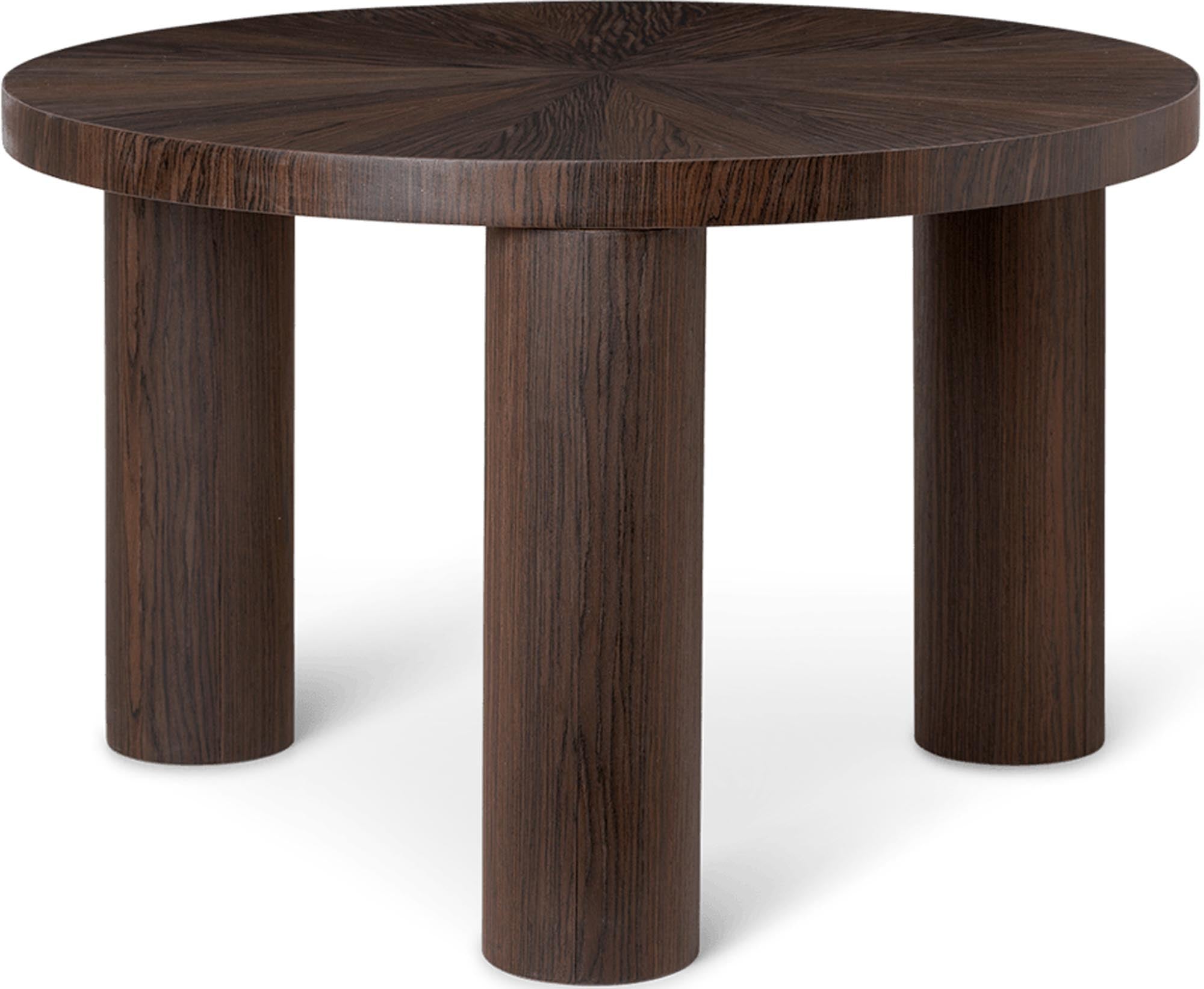 Eleganter Couchtisch mit brutalistischem Flair, aus nachhaltigem Holz, kunstvoll mit Eichenfurnier und markanten zylindrischen Beinen.