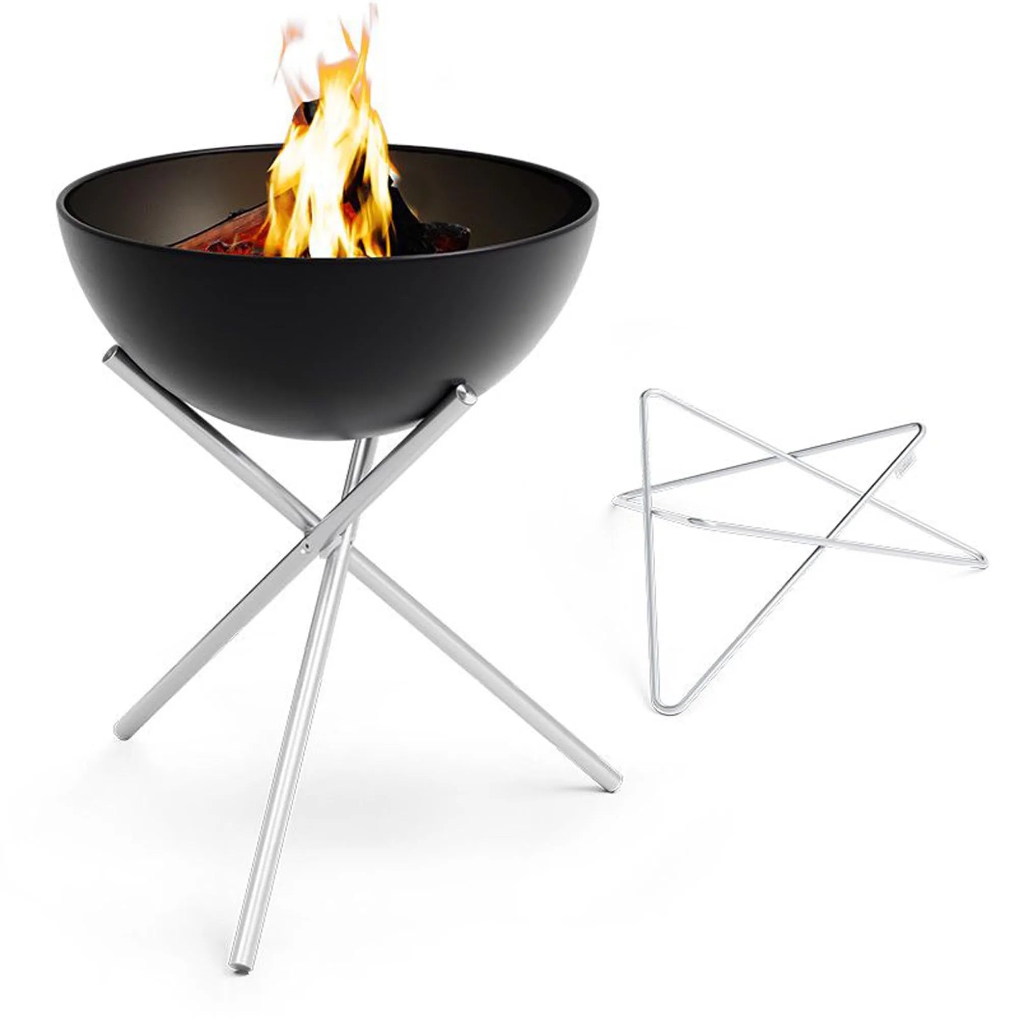 BOWL 70 Feuerset: Vielseitig, schwebend, ideal zum Grillen. Emaillierte Stahlhalbkugel, stabiler Edelstahlfuß.