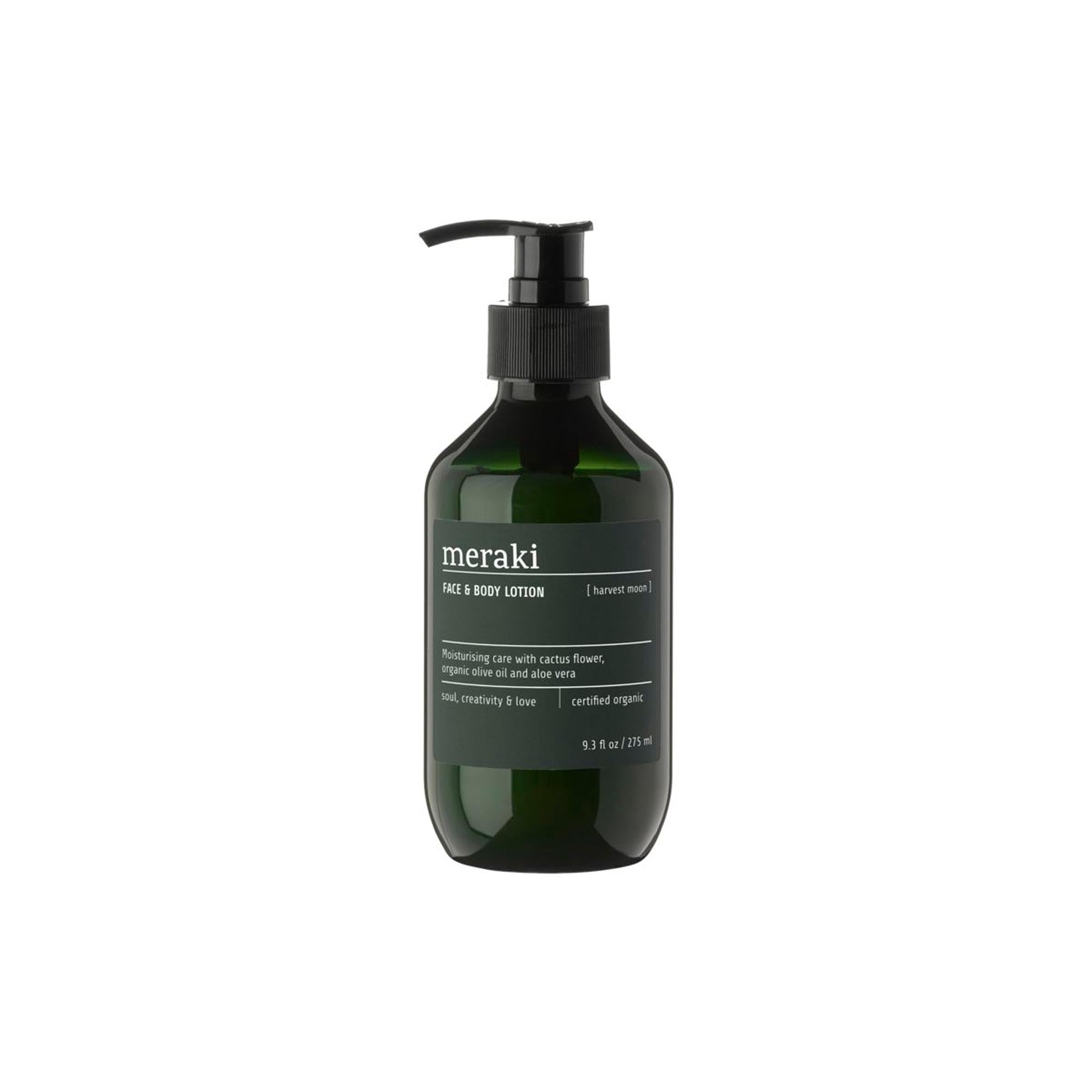 Entdecke die Harvest Moon Face & Body Lotion von Meraki: Feuchtigkeit, Pflege mit Olivenöl, Aloe Vera & Kaktusextrakten für strahlende Haut.