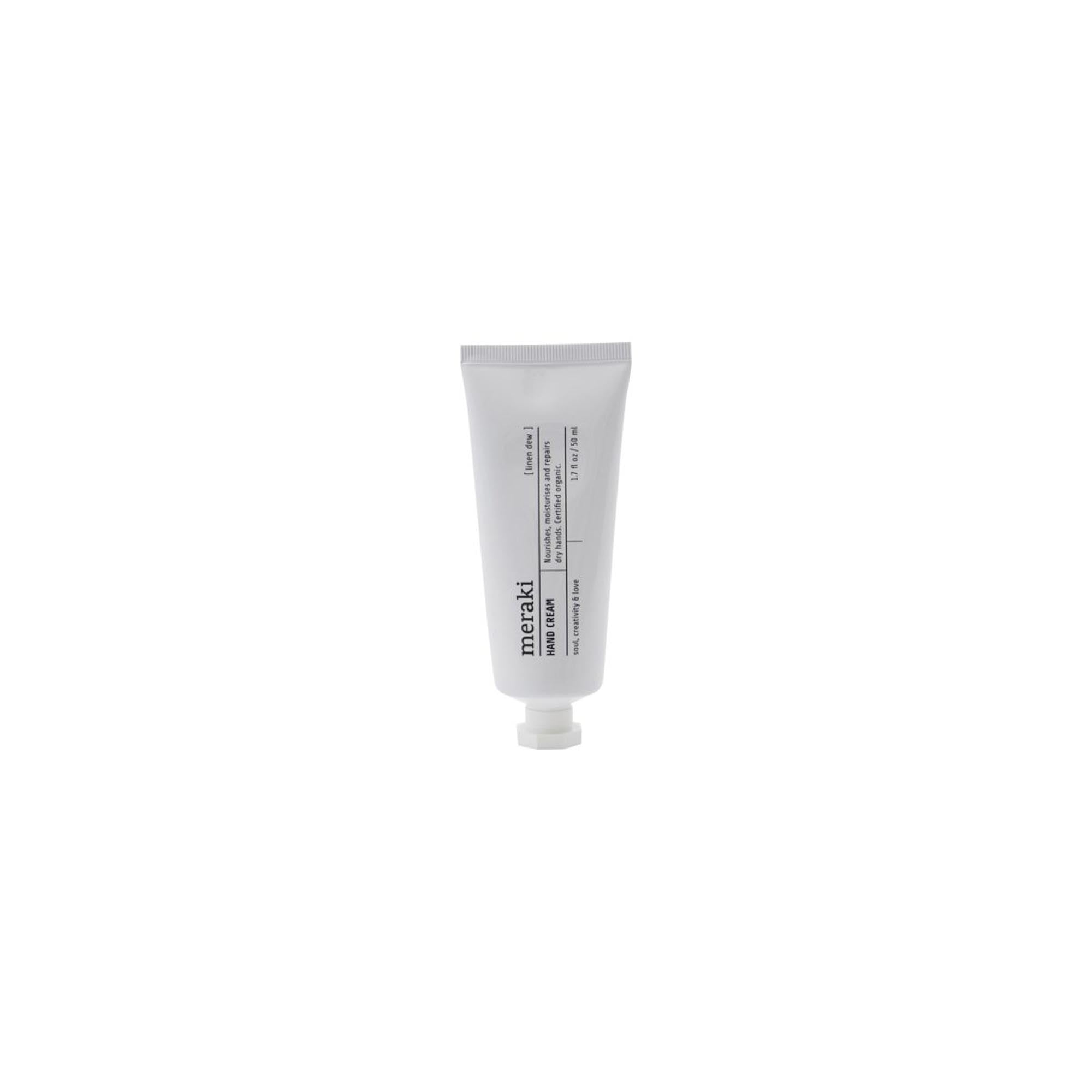 Die Handcreme Linen Dew von Meraki: Bio-Pflege mit Aloe Vera, Kakaobutter, Avocadoöl. Zieht schnell ein, erfrischender Duft, ECOCERT zertifiziert.