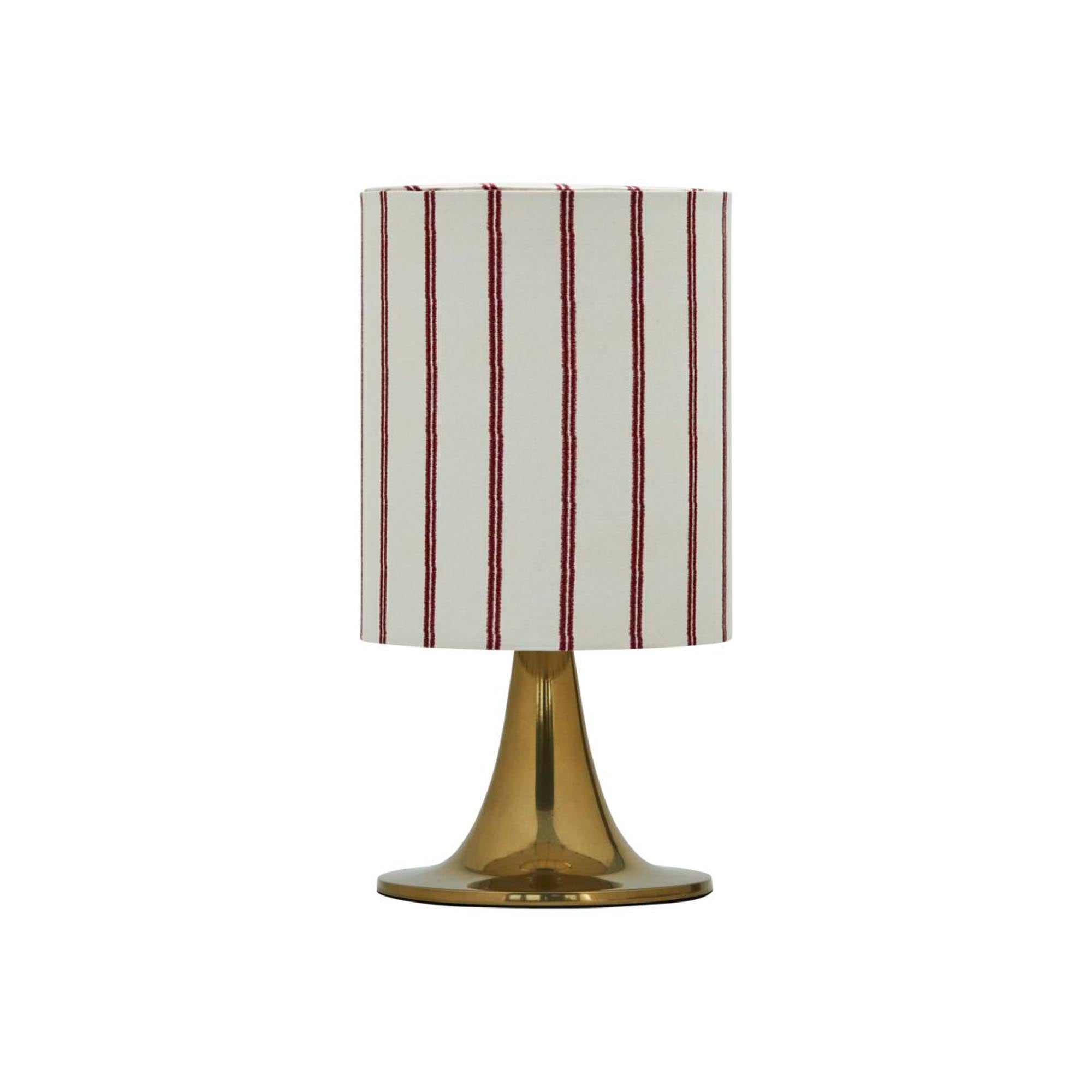 Elegante Tischleuchte HDTulip von House Doctor: Antikmessing-Finish, weiss-rot gestreifter Schirm, 2m Kabel, E14-Fassung.