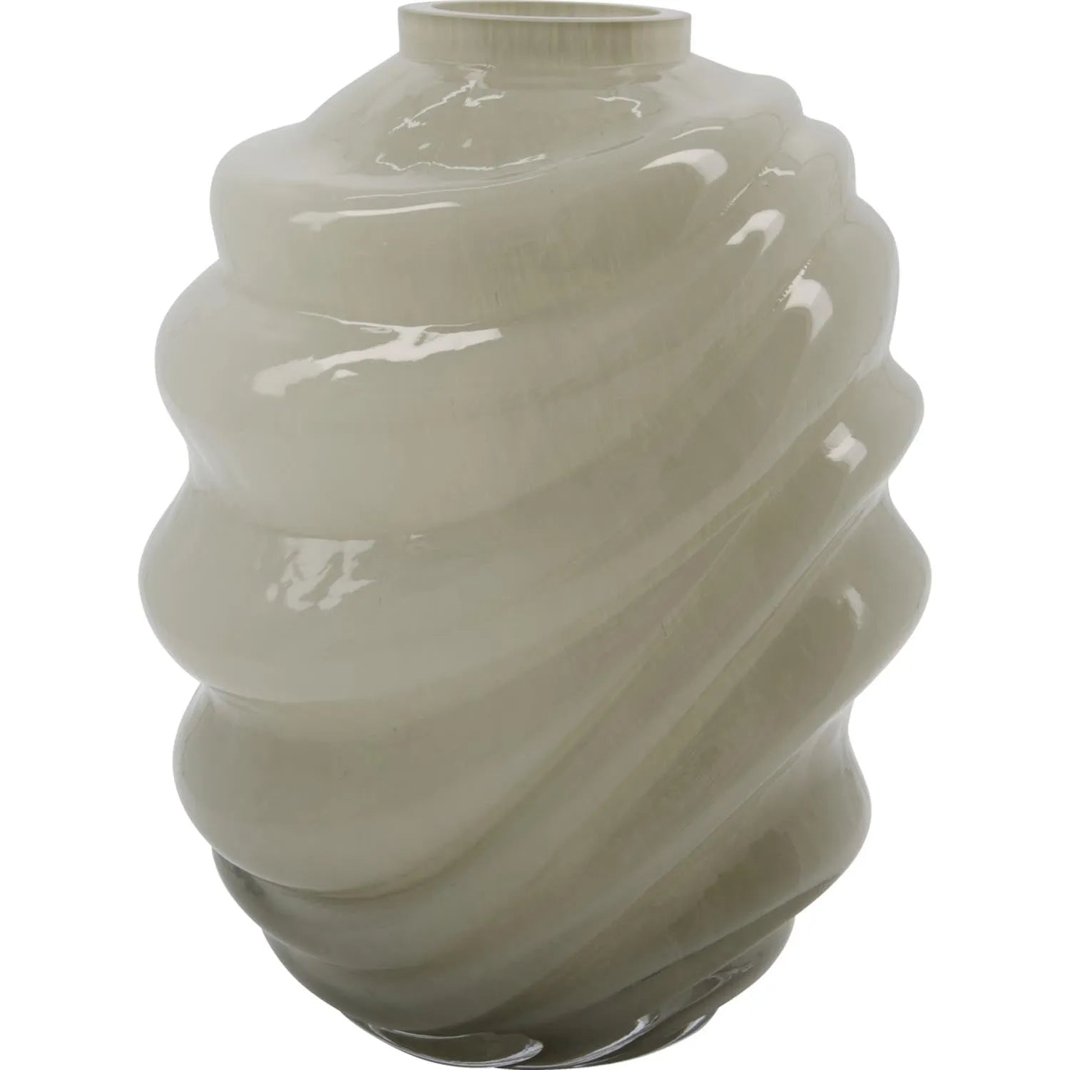 Elegante, hellgraue Vase aus mundgeblasenem Glas mit dynamischen Linien, ideal für Blumen oder als Kunstobjekt. Robust und vielseitig.