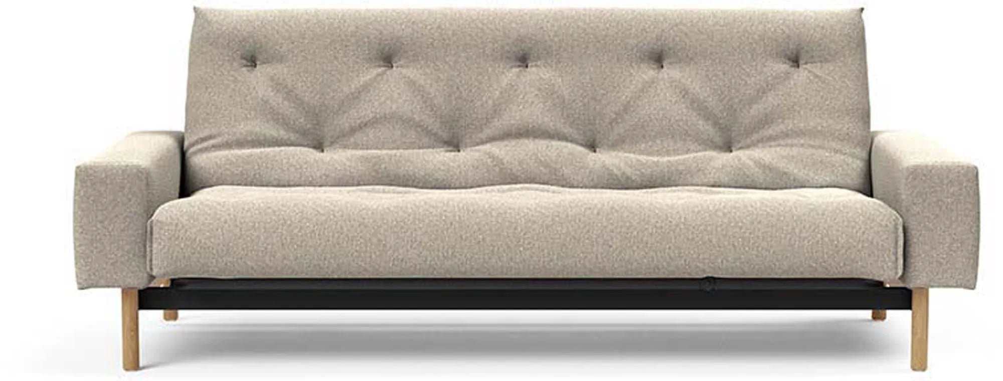 Elegantes Mimer Bettsofa Nordic: Skandinavisches Design, anpassbarer Schlafkomfort, robustes Stahlgestell, nachhaltige Eichenbeine.