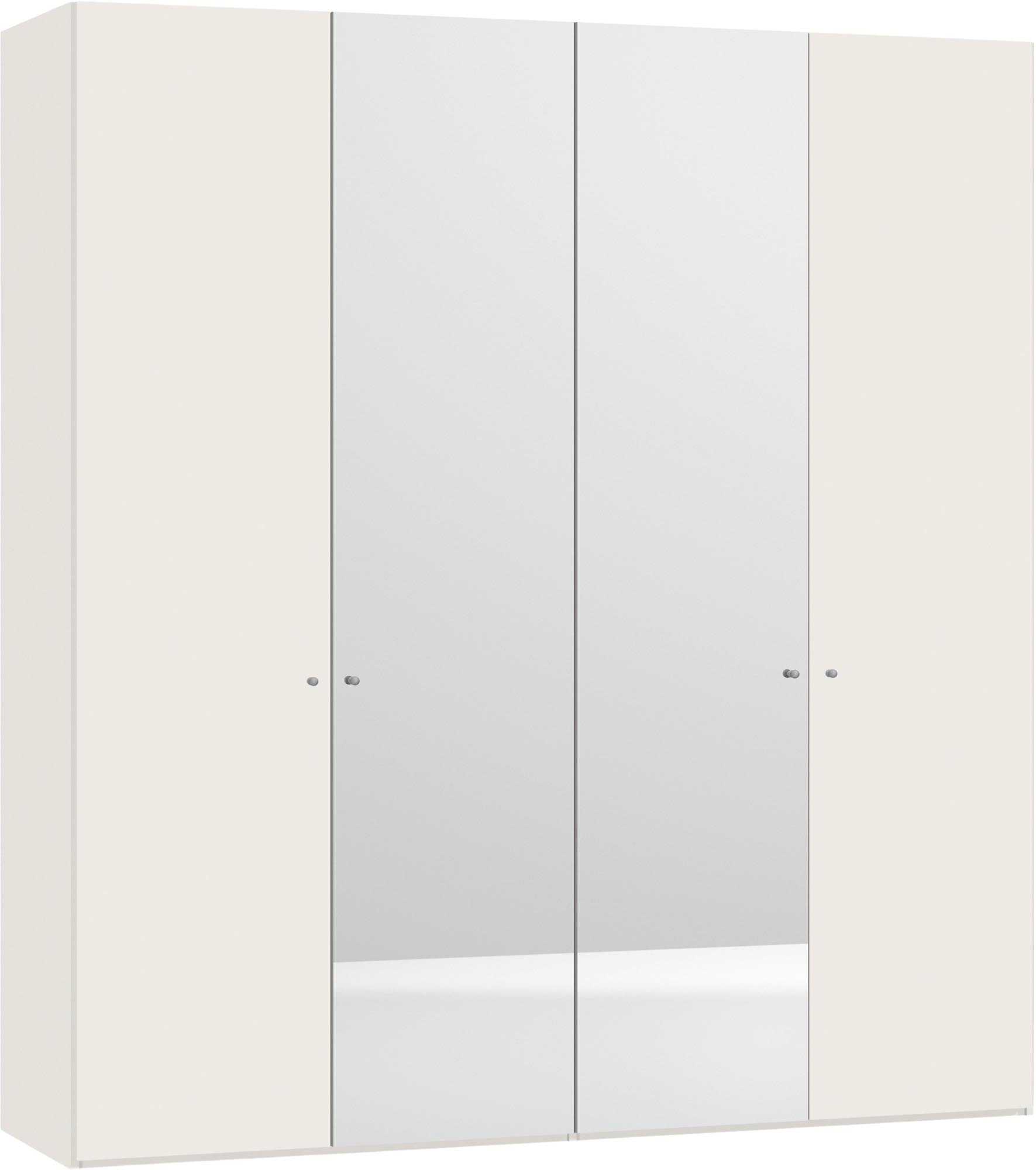 Eleganter Jutzler Drehtürenschrank mit Spiegel und Zubehör, cremeweiß.