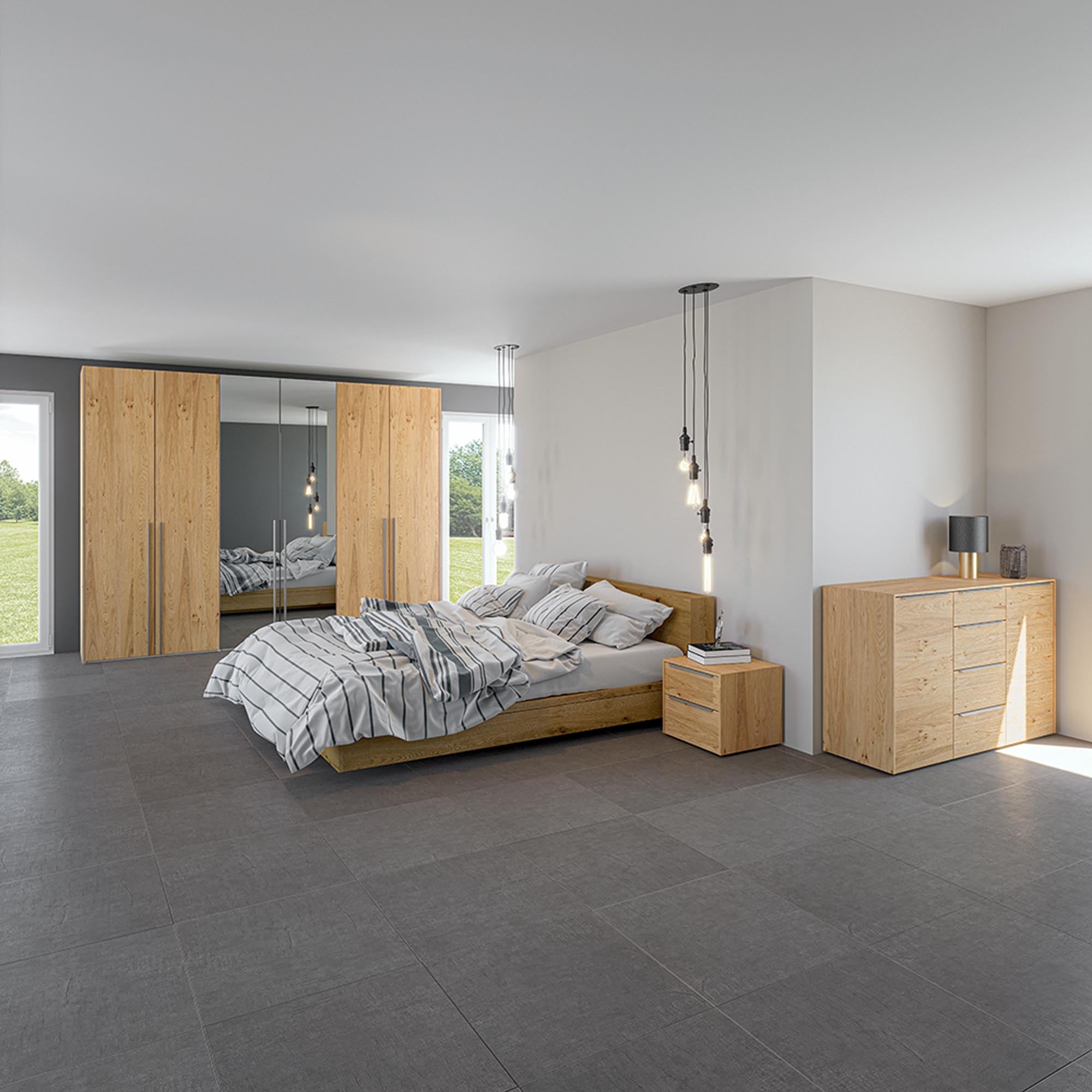 Eleganter 6-türiger Drehtürenschrank in Eiche mit Spiegel, individuell konfigurierbar, stabil und einfach aufzubauen.
