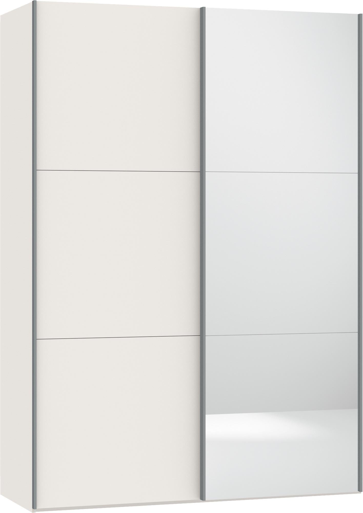 Moderner Schwebetürenschrank in Cremeweiß mit Spiegel, platzsparend und stilvoll, ideal für jedes Schlafzimmer.