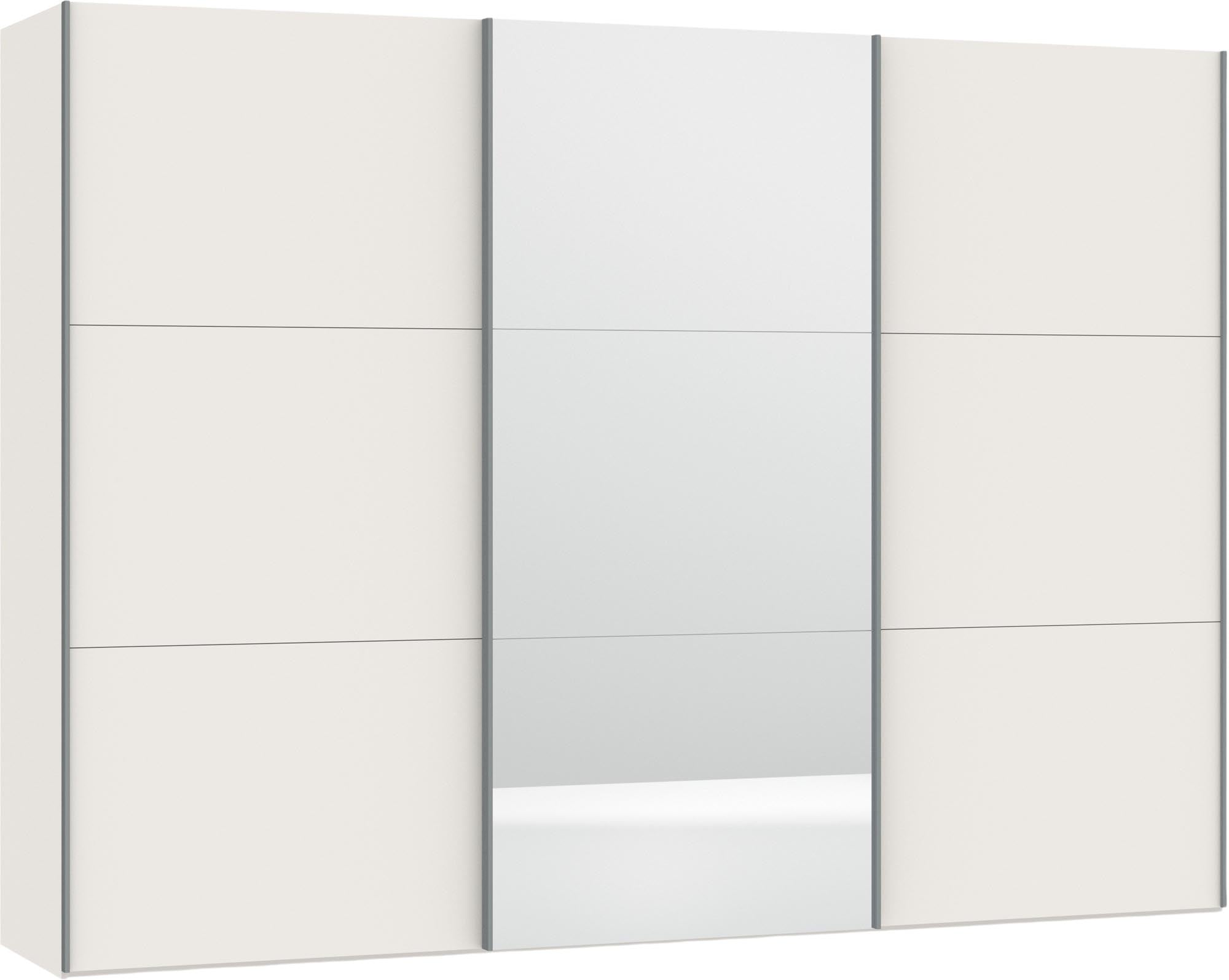Großer Jutzler Schwebetürenschrank in Cremeweiß mit Spiegelfront.