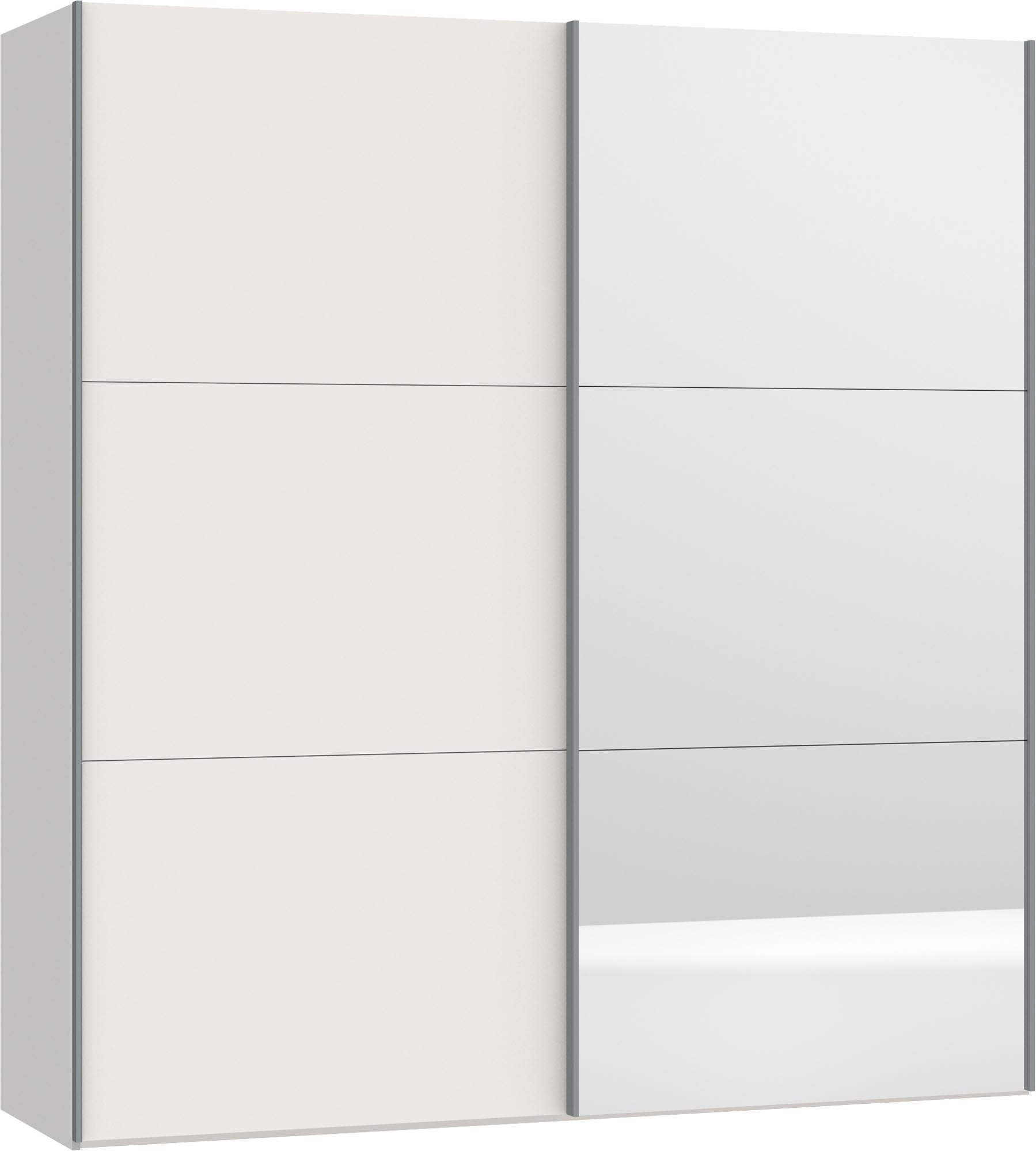 Jutzler Schwebetürenschrank XS: Cremeweiß, Spiegel, inkl. Zubehör.