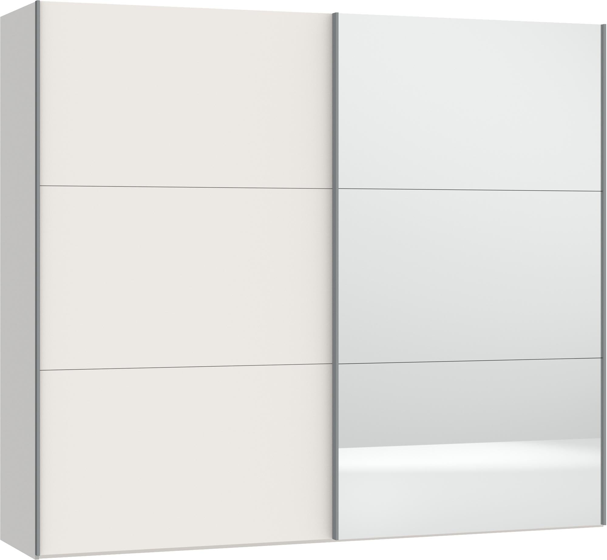 Eleganter Schwebetürenschrank in Cremeweiß mit Spiegel, individuell konfigurierbar, stabil und funktional, von Jutzler.