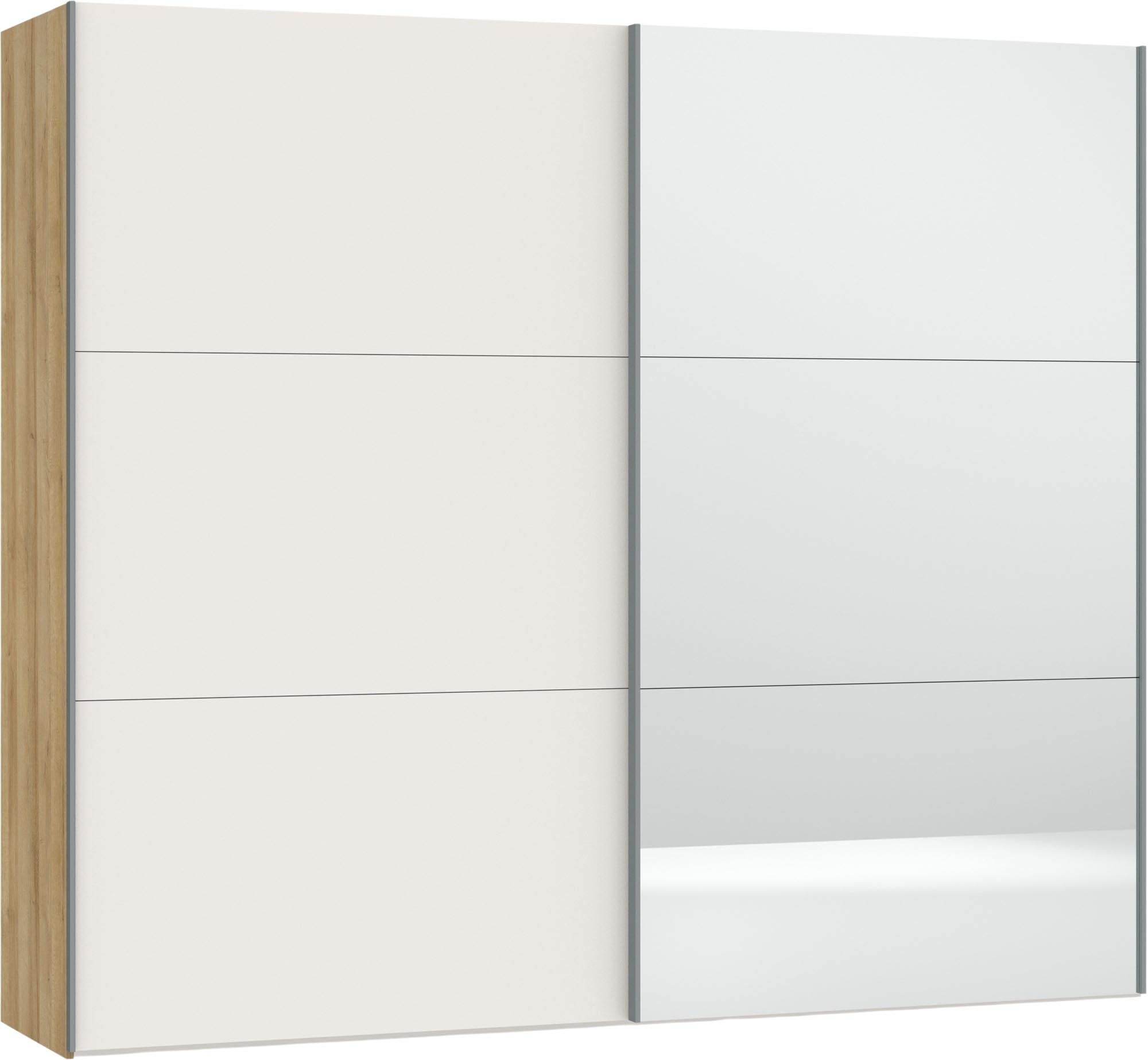 Moderner Jutzler Schwebetürenschrank in Cremeweiß mit Spiegelzubehör.