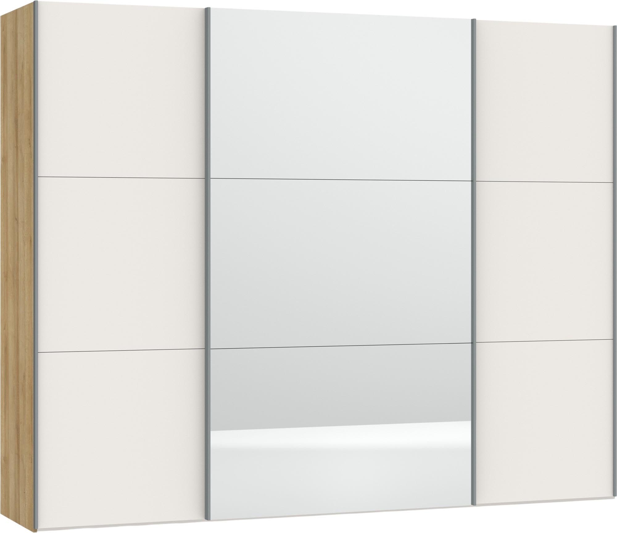 Eleganter Jutzler Schwebetürenschrank in Cremeweiß mit Spiegelzubehör.