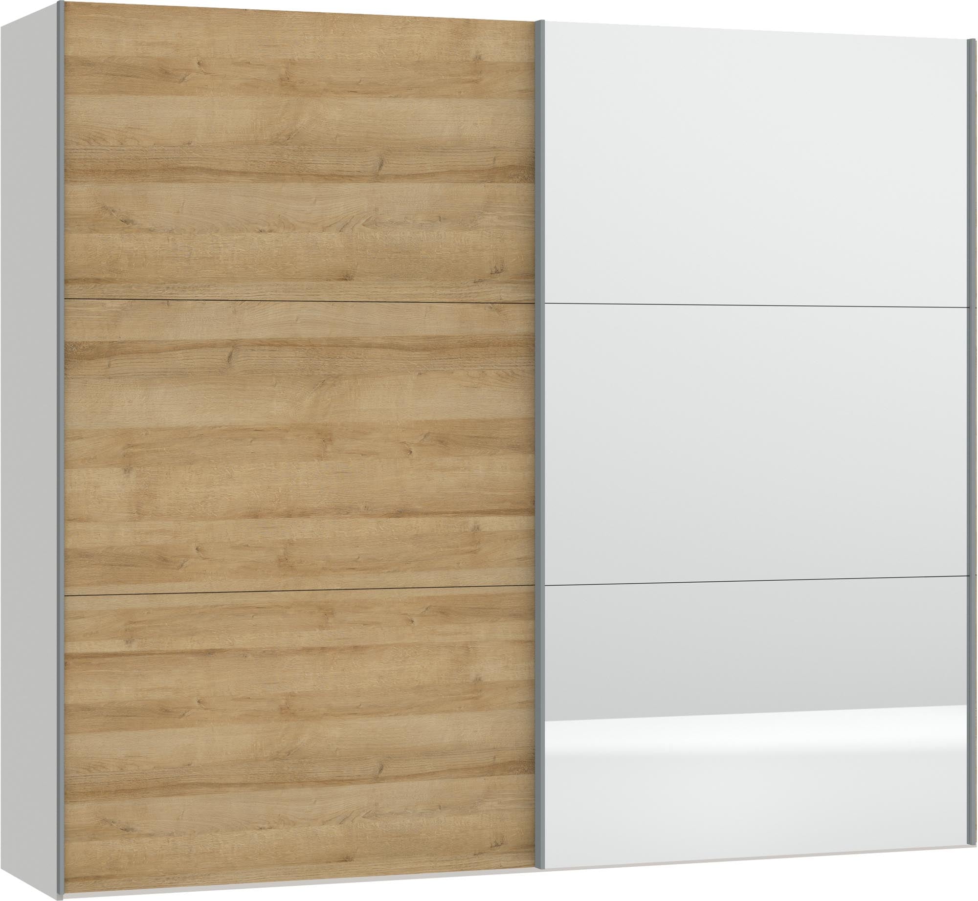 Moderner Schwebetürenschrank von Jutzler in Eiche mit Spiegel und praktischem Zubehör – ideal für eine stilvolle und funktionale Einrichtung.