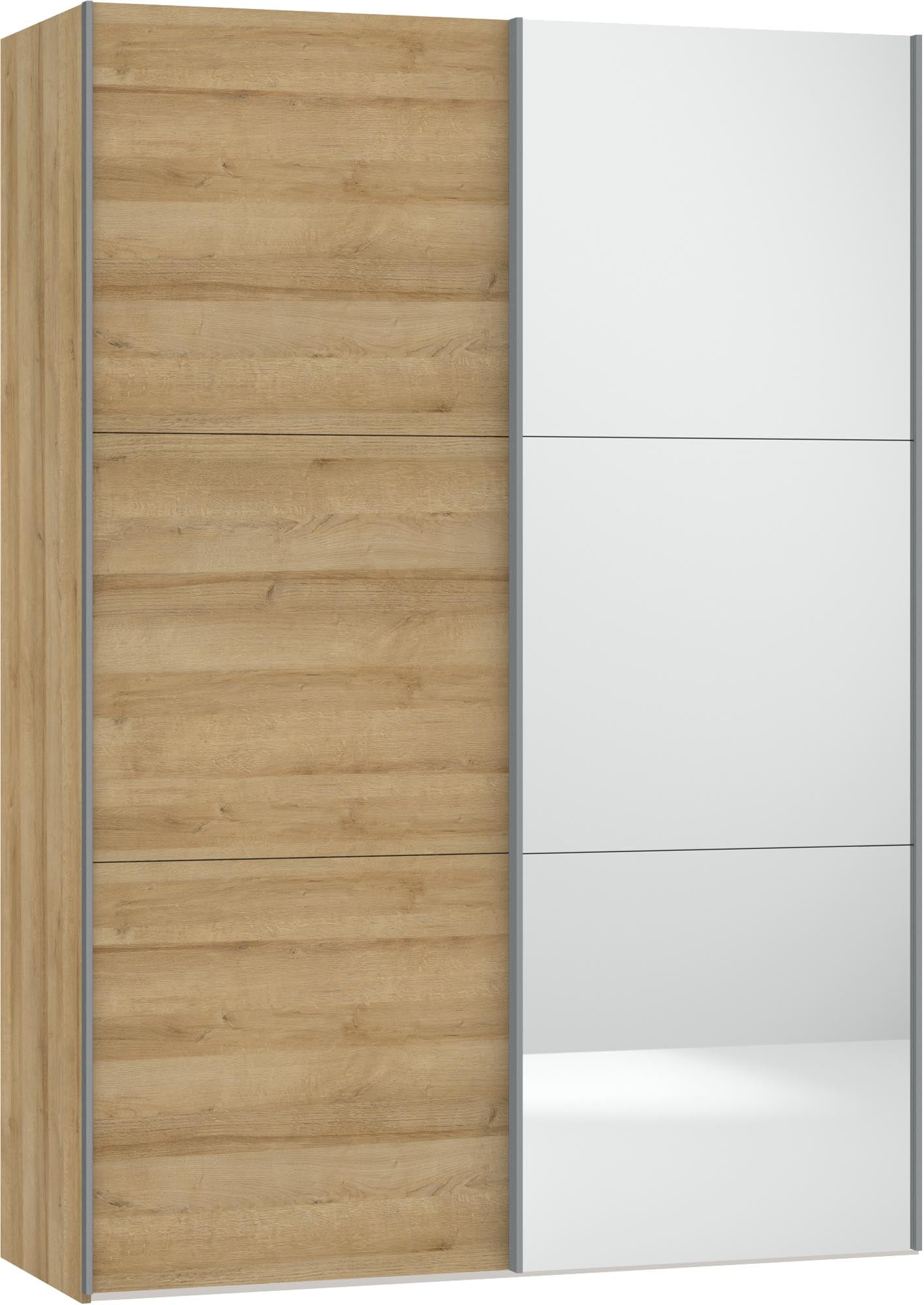 Eleganter Schwebetürenschrank XXS von Jutzler in Eiche mit Spiegel. Ideal für stilvolle und funktionale Raumgestaltung.