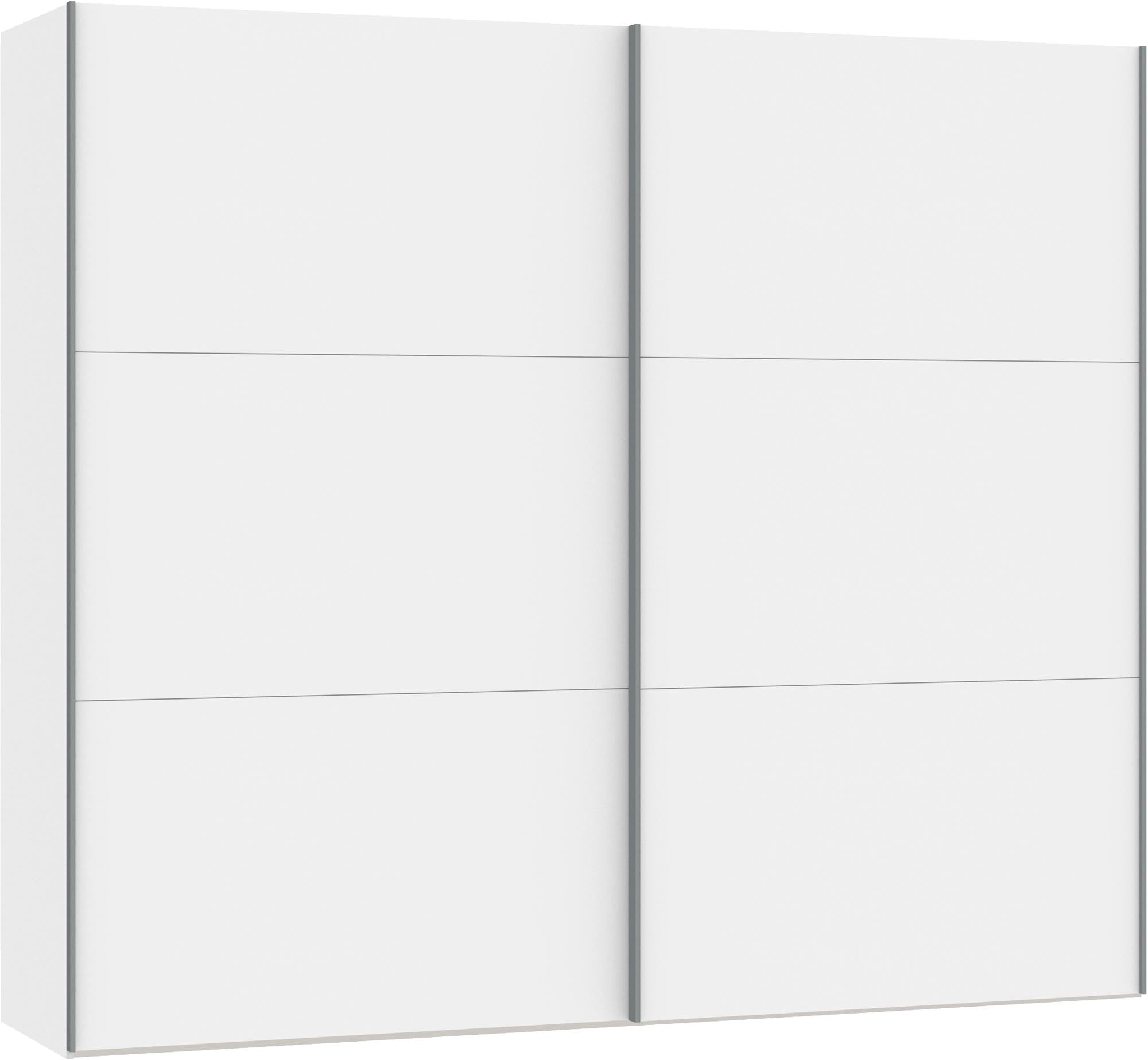 Moderner Jutzler Schwebetürenschrank M in Weiß mit praktischem Zubehör.