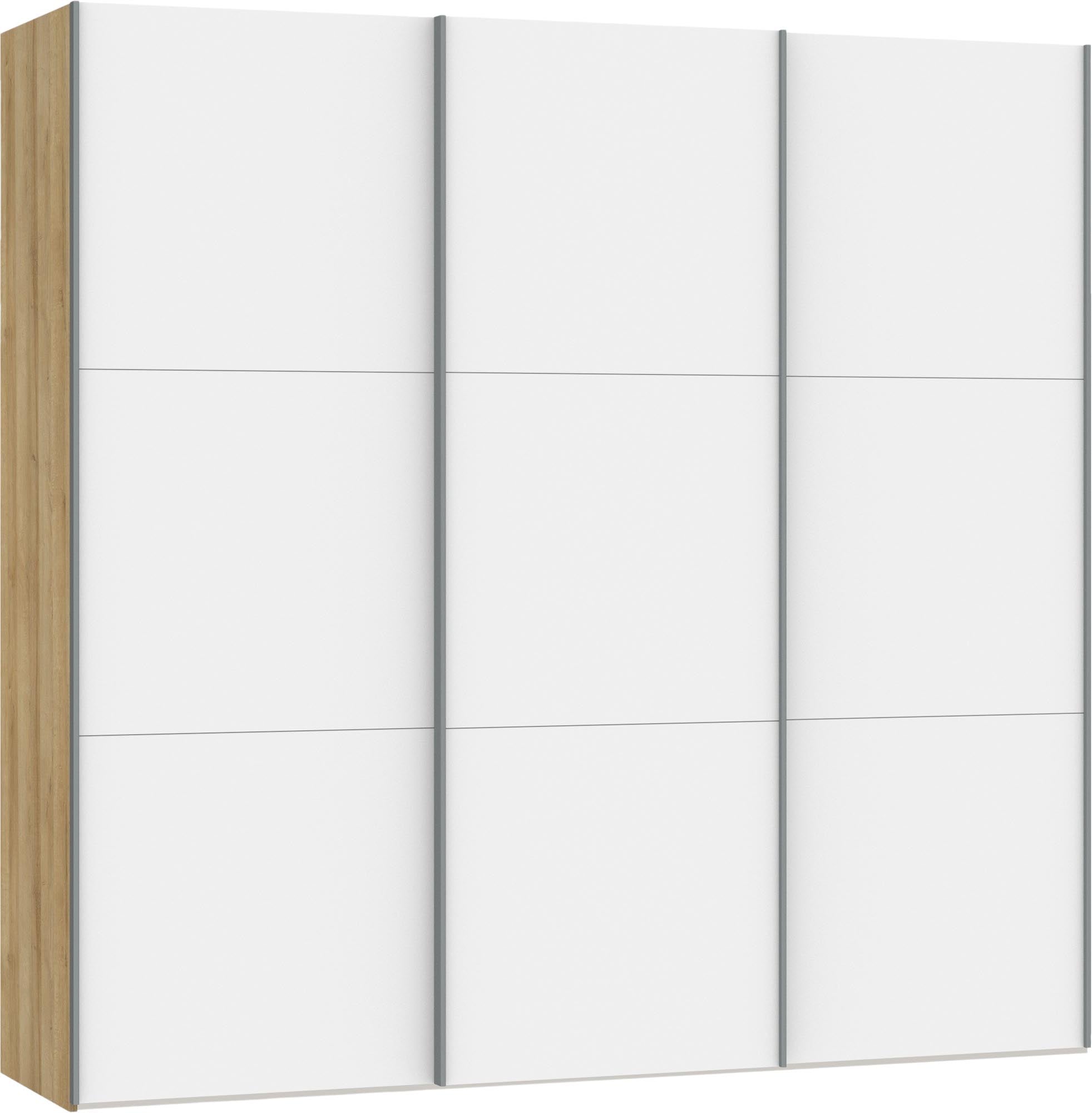 Moderner Jutzler Schwebetürenschrank in Weiß mit flexiblem Zubehör.