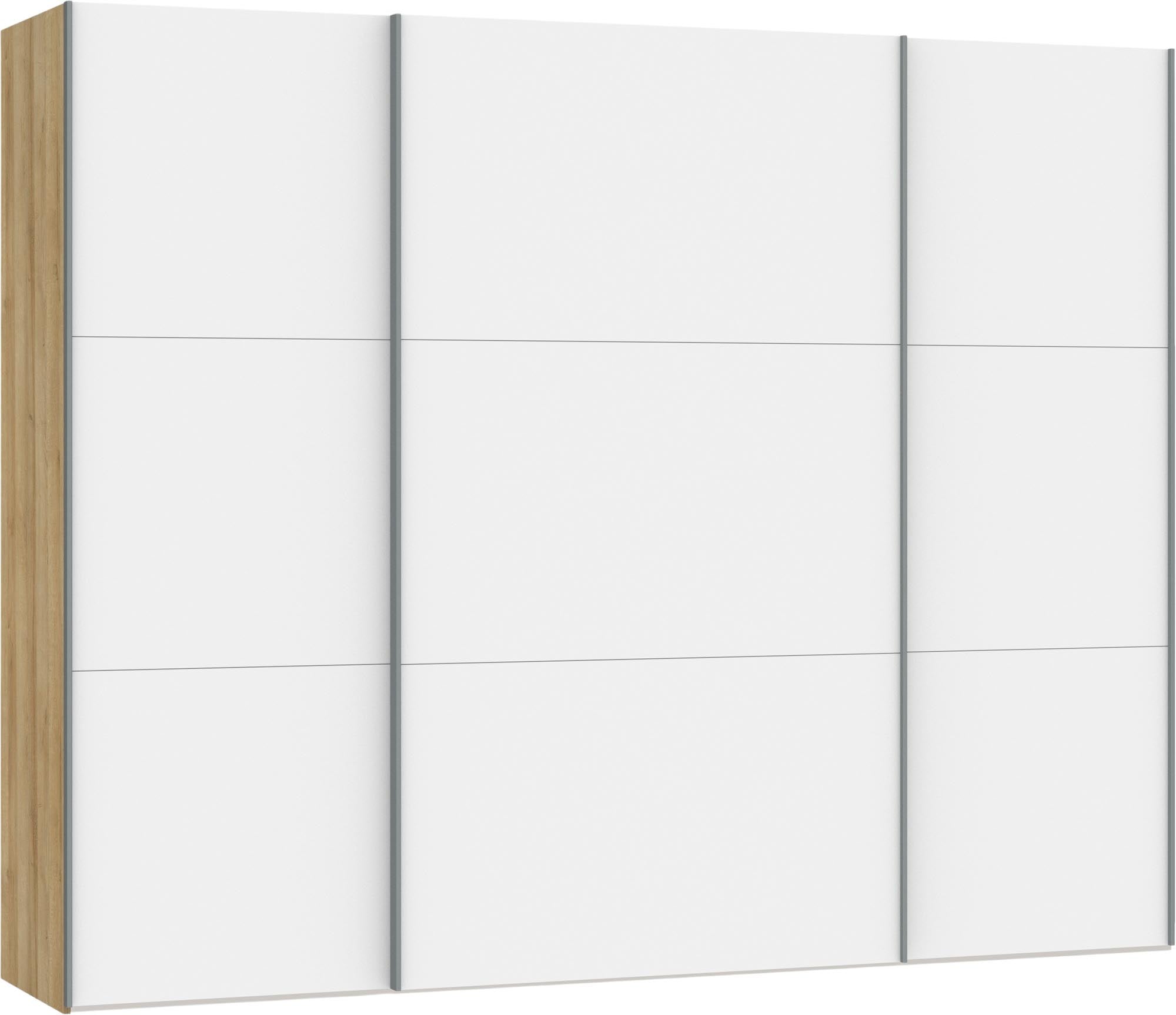 Moderner Jutzler Schwebetürenschrank L in Premiumweiß mit Zubehör.